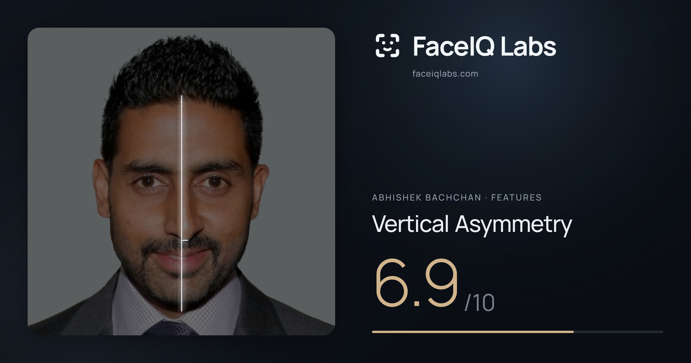 Abhishek Bachchan Vertical Asymmetry: 6.9/10, drawn on the photo