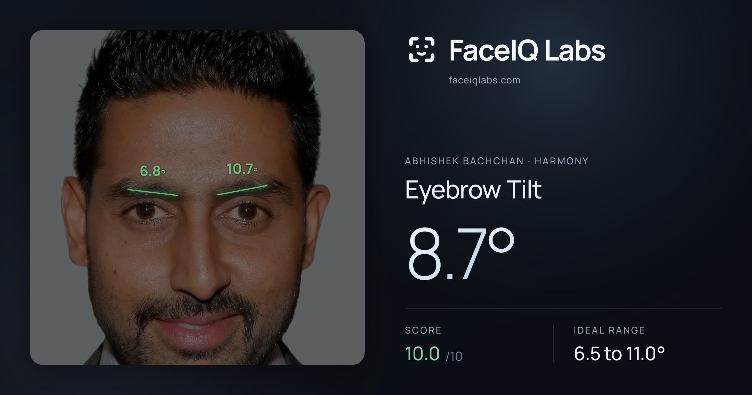 Abhishek Bachchan Eyebrow Tilt: 8.7°, drawn on the photo