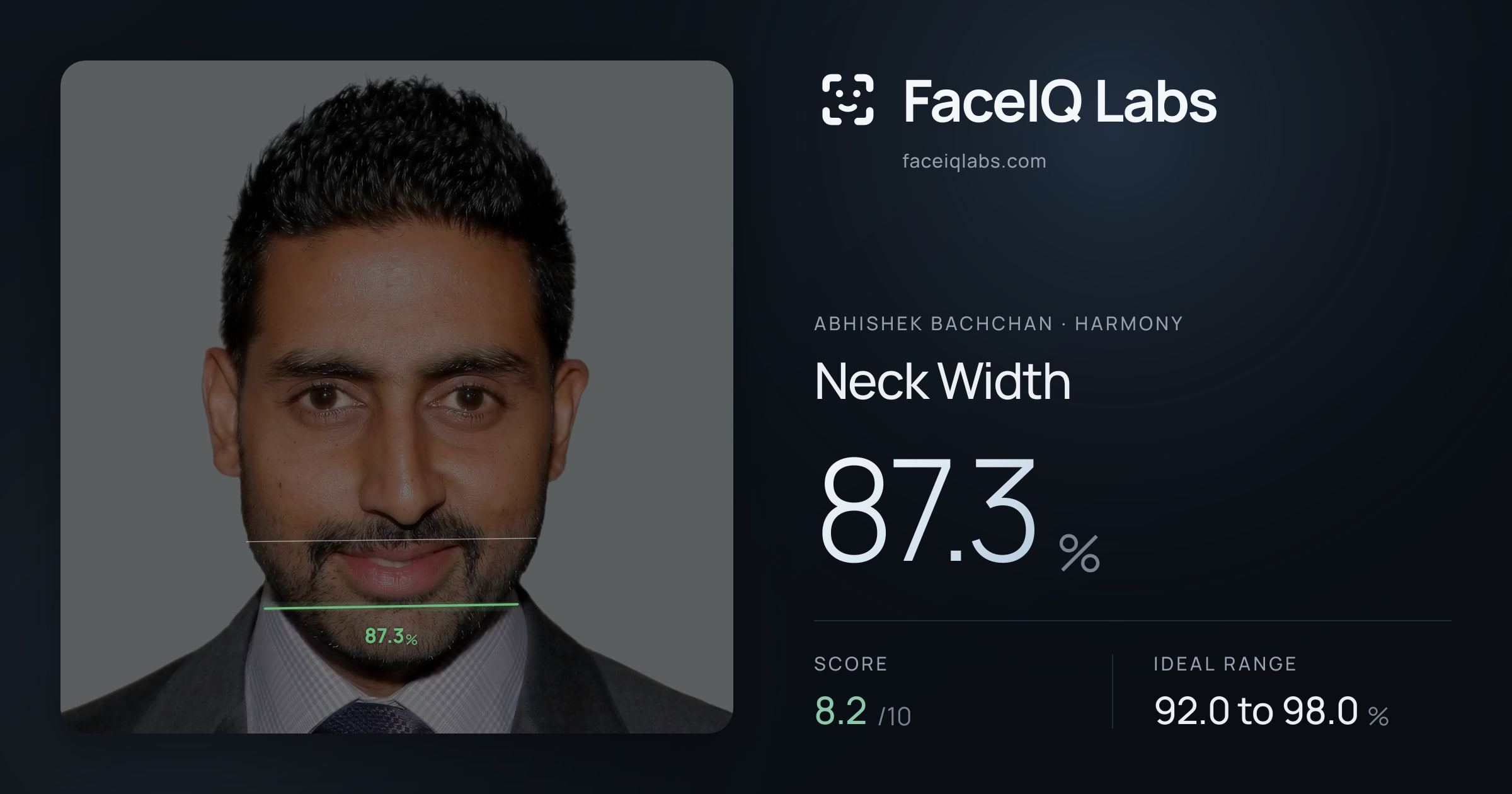 Abhishek Bachchan Neck Width: 87.3%, drawn on the photo
