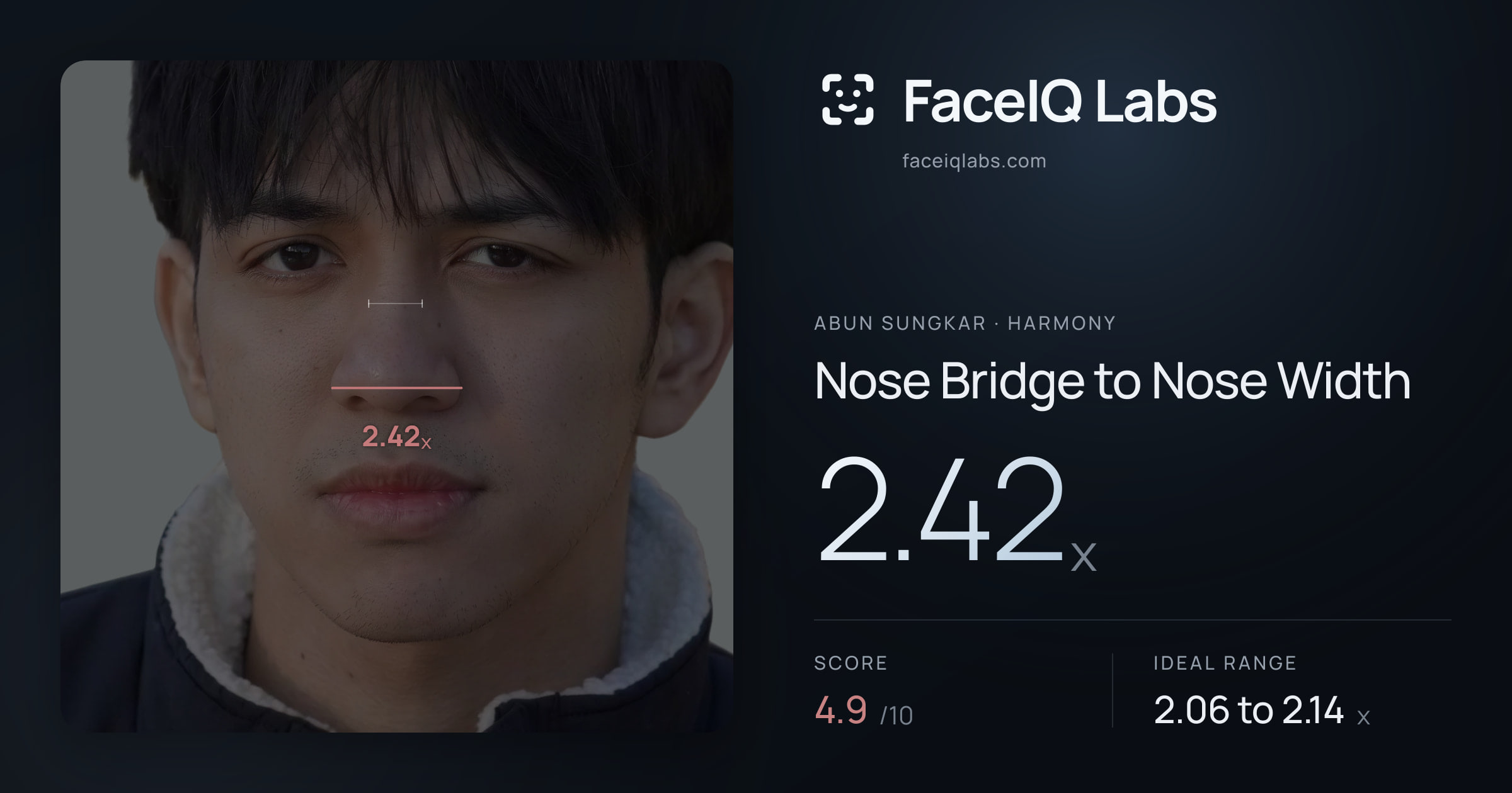 Abun Sungkar Nose Bridge to Nose Width: 2.42x, drawn on the photo