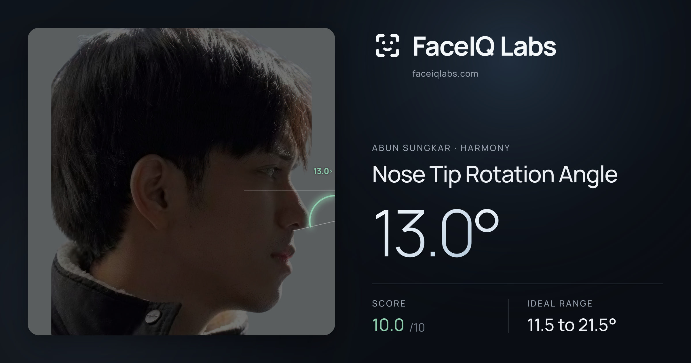 Abun Sungkar Nose Tip Rotation Angle: 13.0°, drawn on the photo