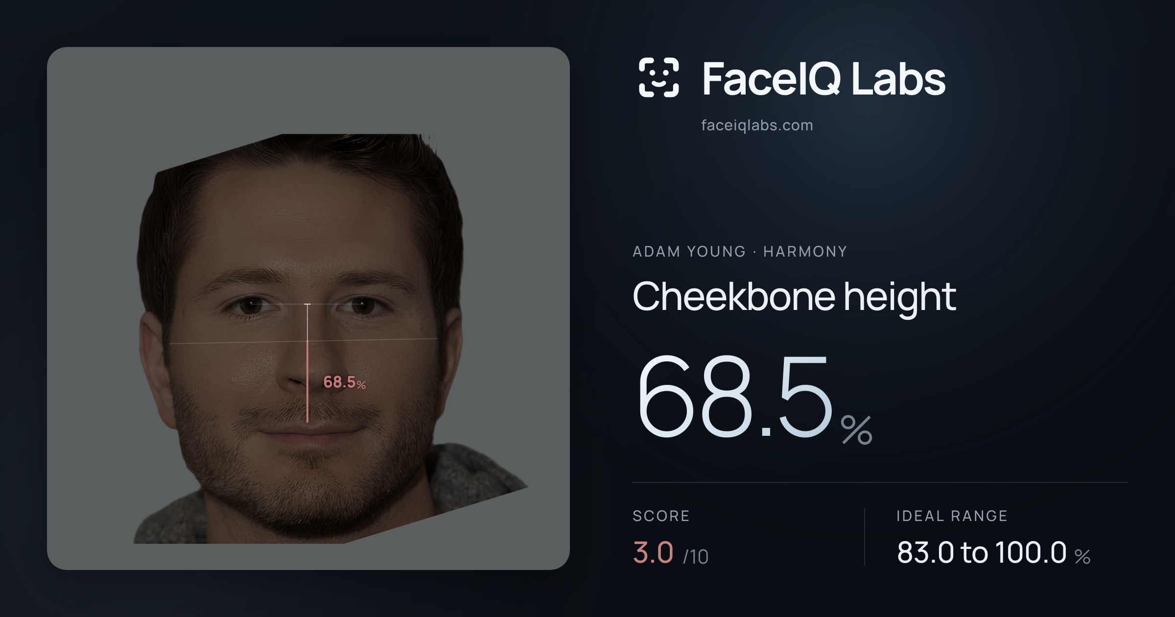 Adam Young Cheekbone height: 68.5%, drawn on the photo