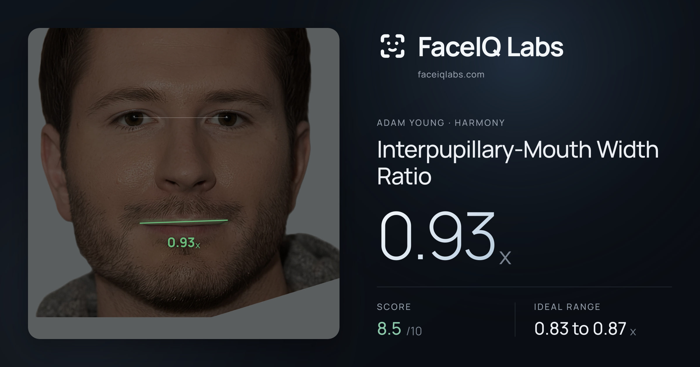 Adam Young Interpupillary-Mouth Width Ratio: 0.93x, drawn on the photo