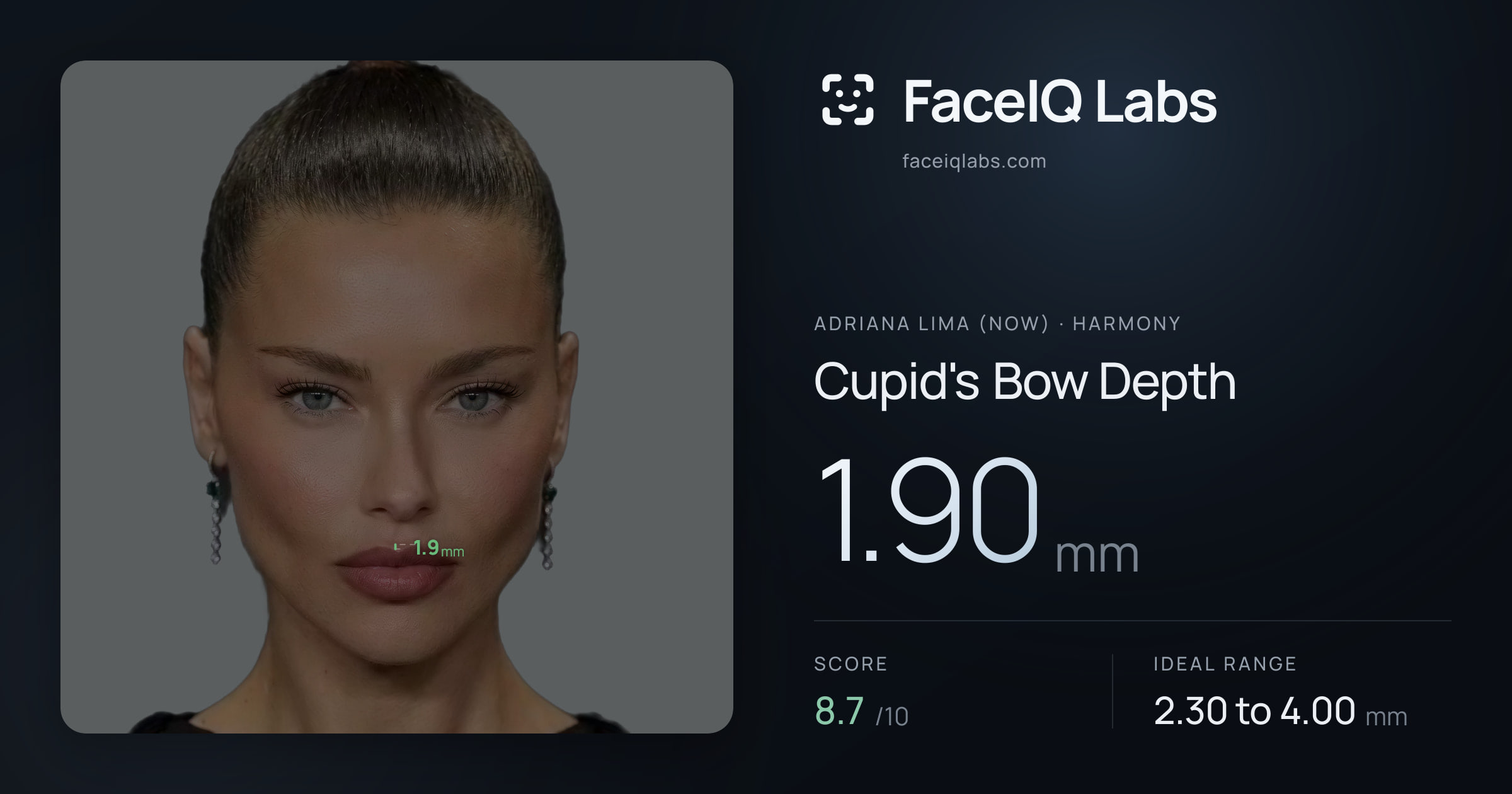 Adriana lima (now) Cupid's Bow Depth: 1.90mm, drawn on the photo