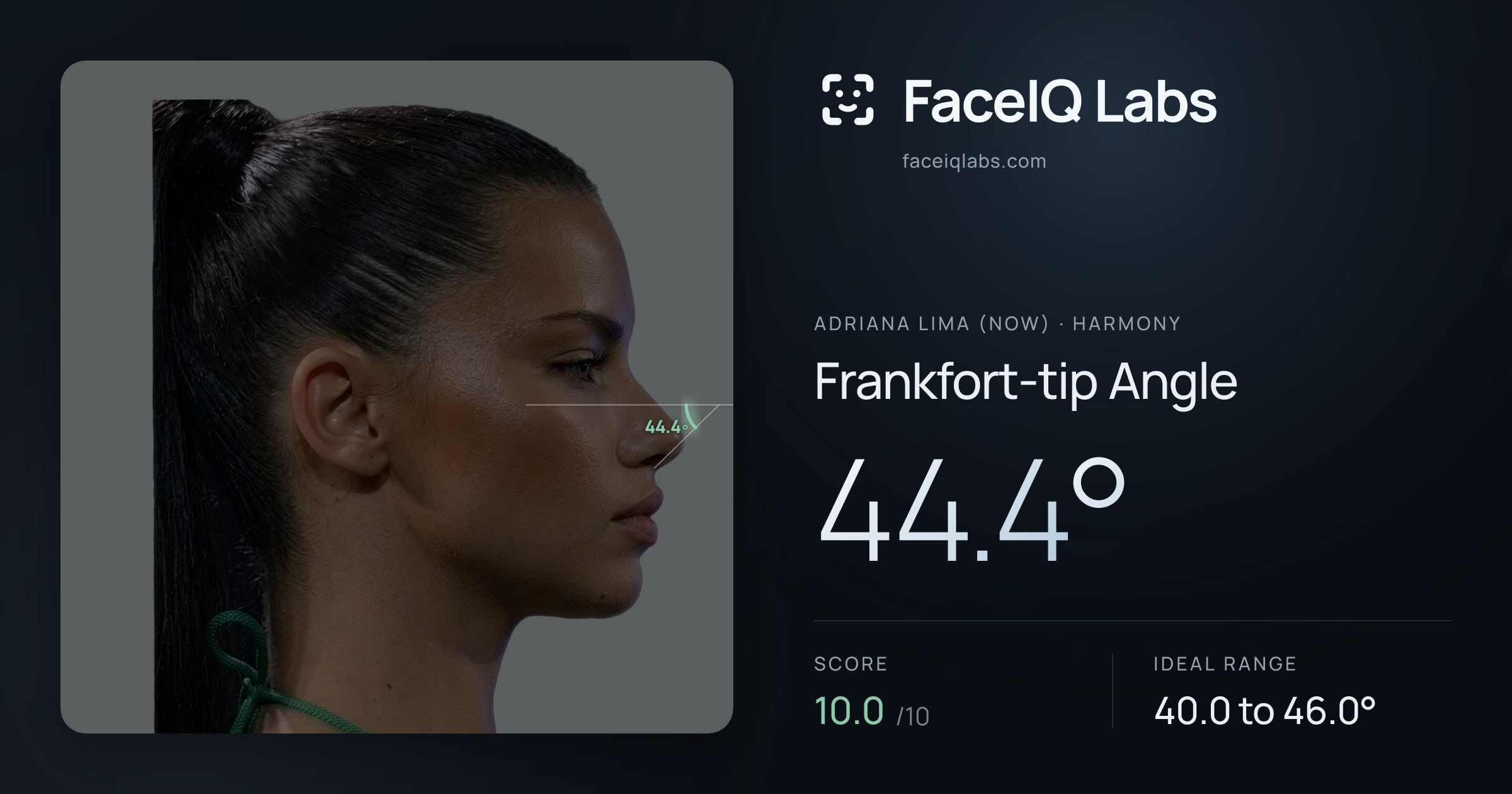 Adriana lima (now) Frankfort-tip Angle: 44.4°, drawn on the photo