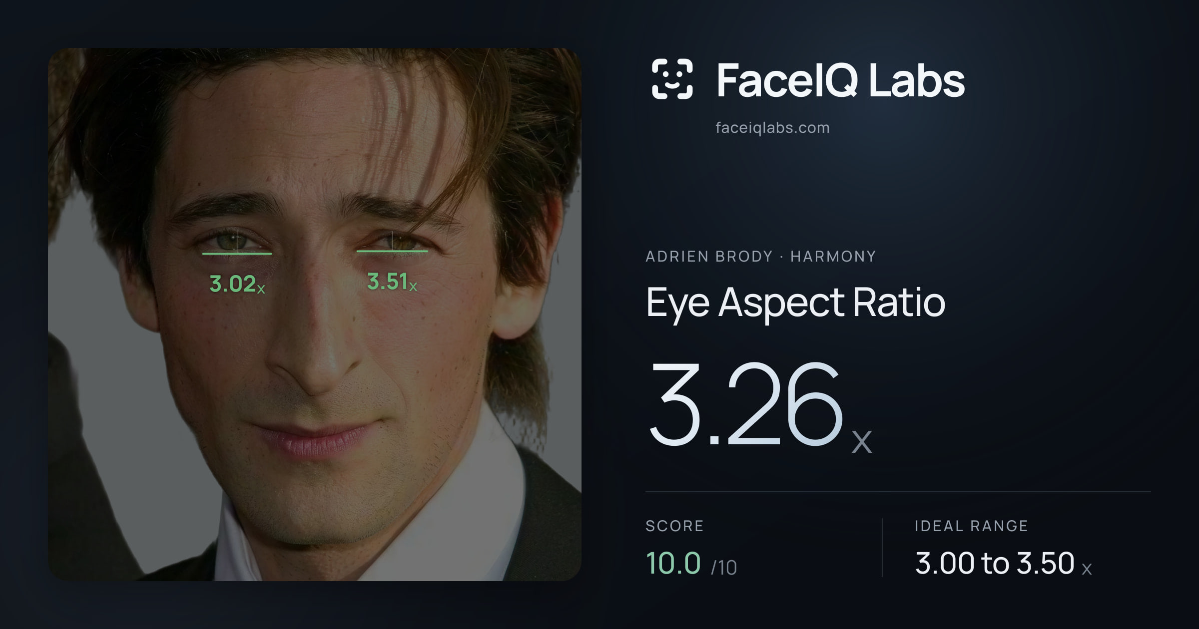 Adrien Brody Eye Aspect Ratio: 3.26x, drawn on the photo