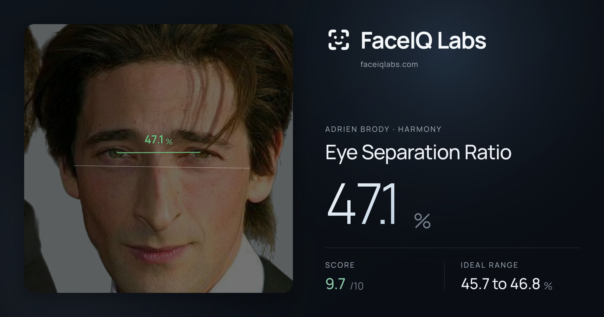 Adrien Brody Eye Separation Ratio: 47.1%, drawn on the photo