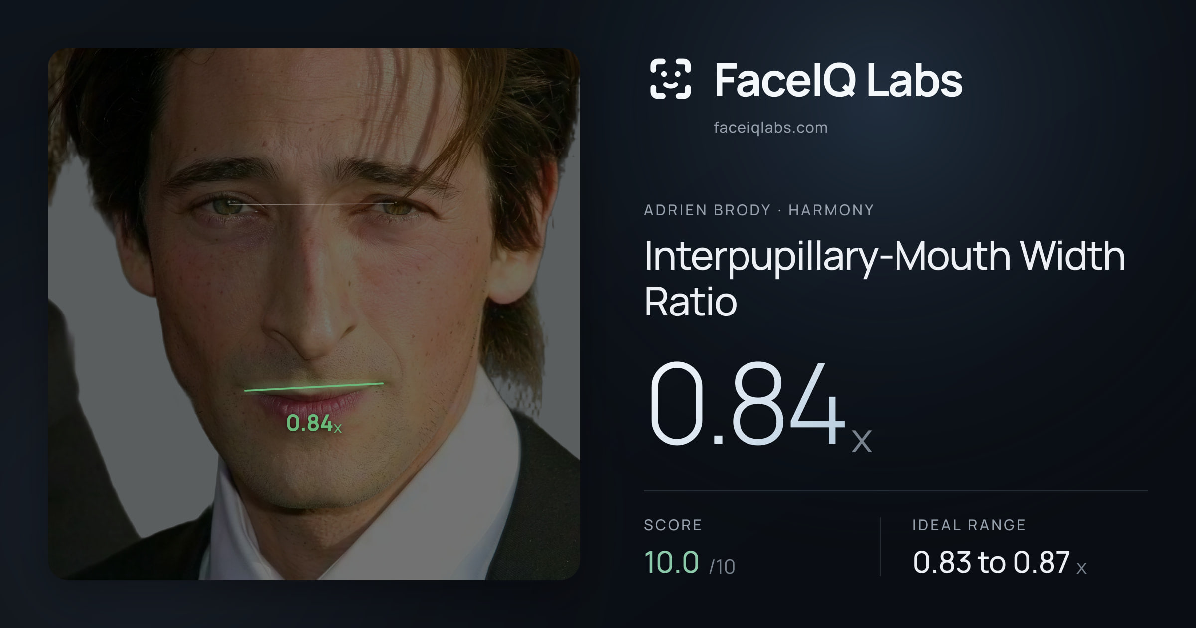 Adrien Brody Interpupillary-Mouth Width Ratio: 0.84x, drawn on the photo