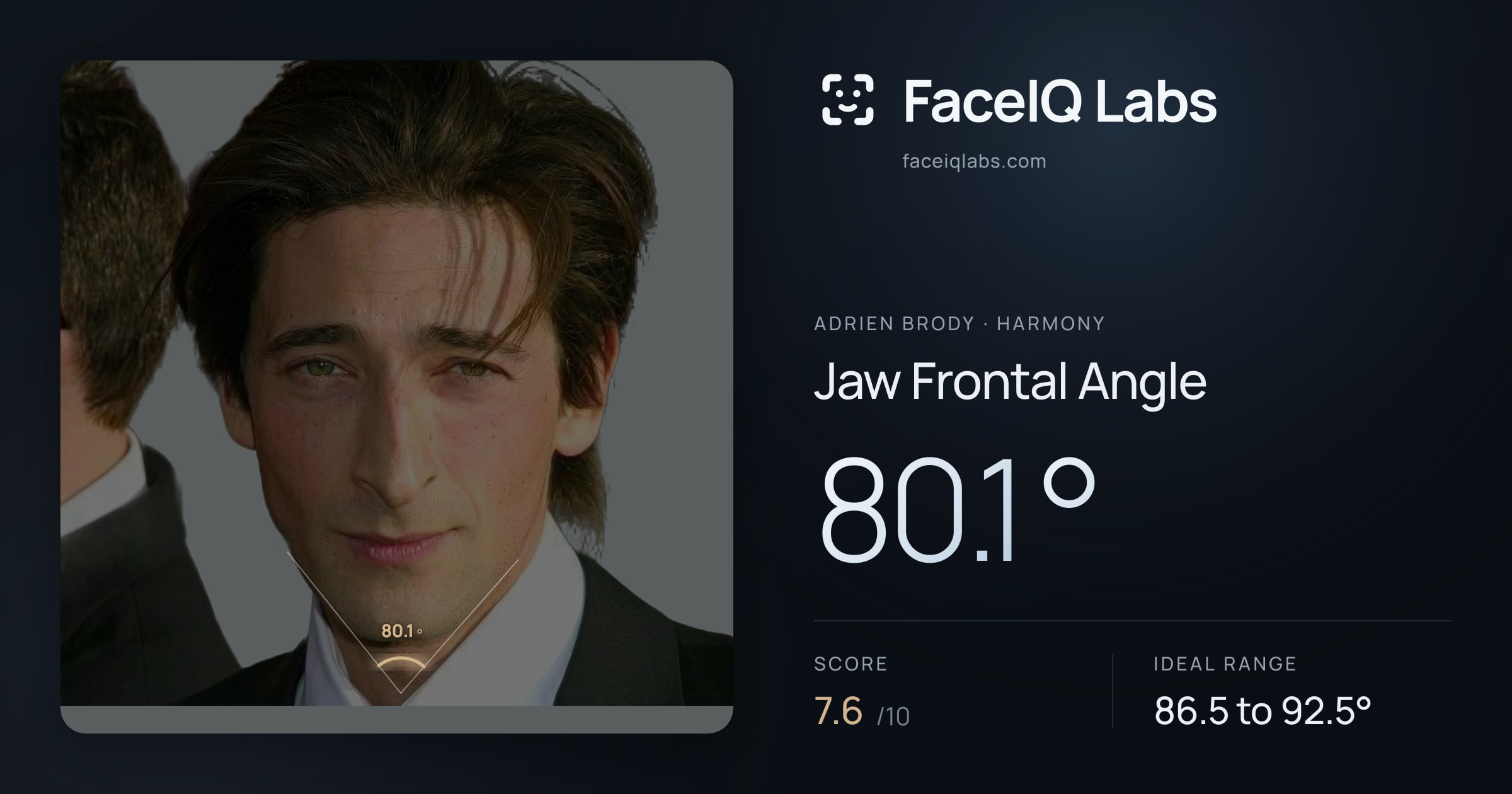 Adrien Brody Jaw Frontal Angle: 80.1°, drawn on the photo