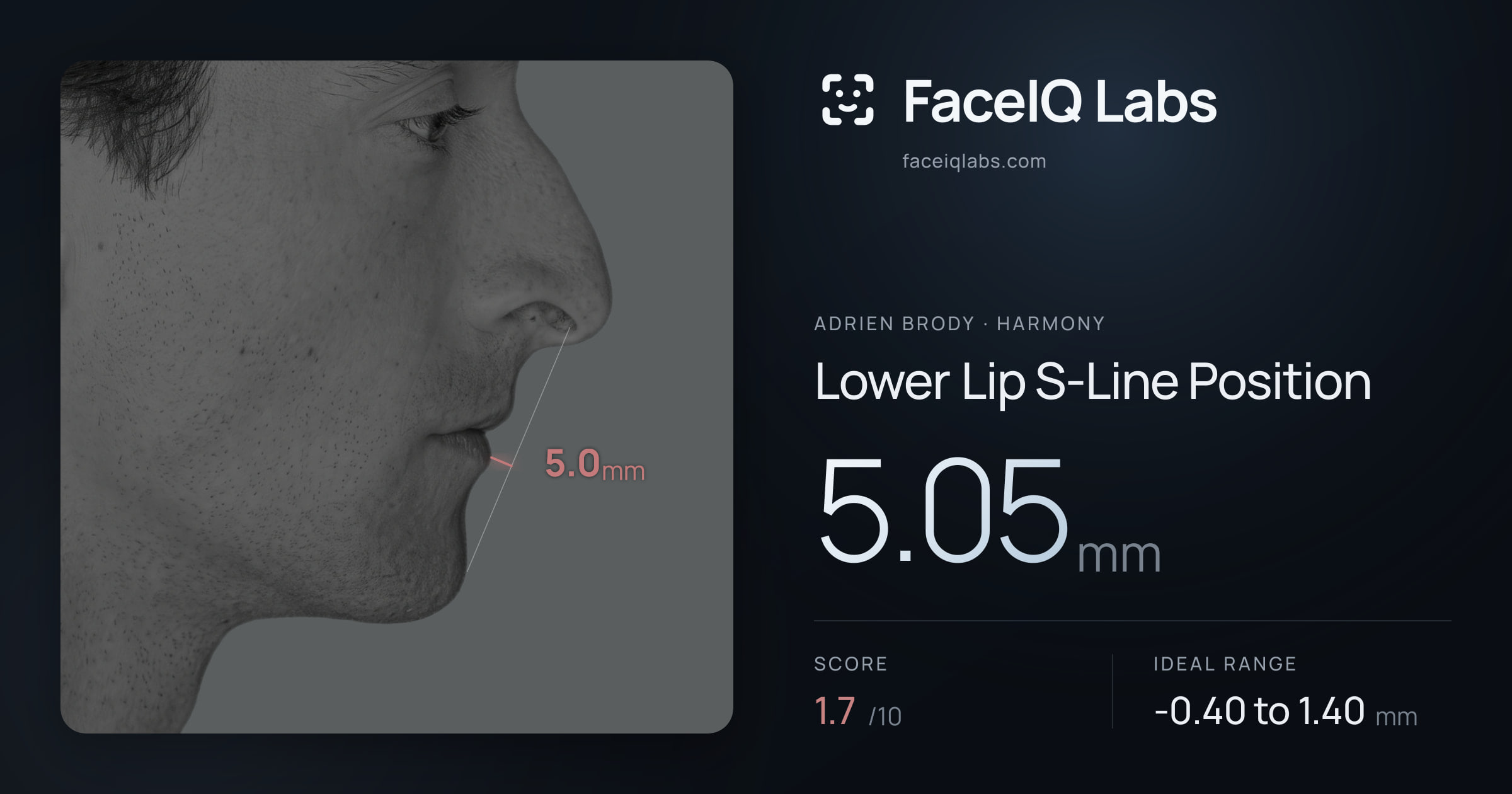 Adrien Brody Lower Lip S-Line Position: 5.05mm, drawn on the photo