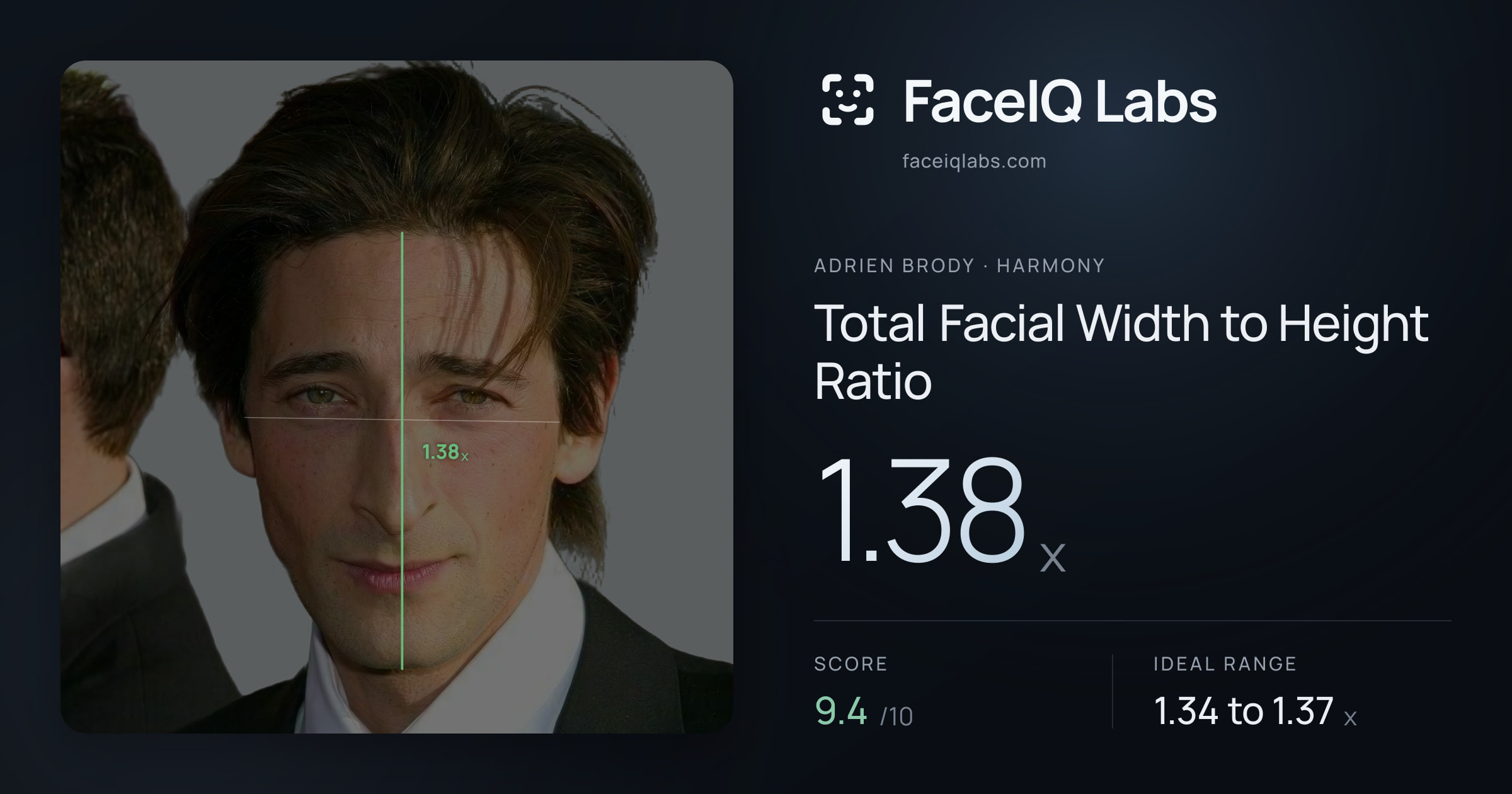 Adrien Brody Total Facial Width to Height Ratio: 1.38x, drawn on the photo