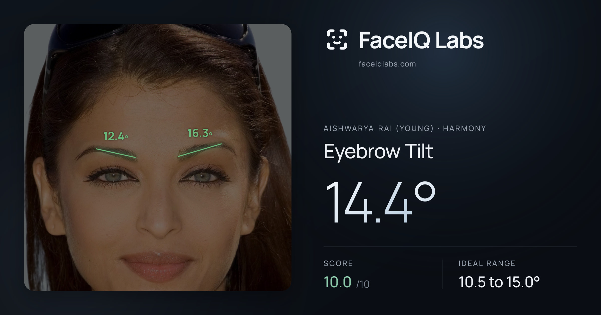 Aishwarya Rai (Young) Eyebrow Tilt: 14.4°, drawn on the photo