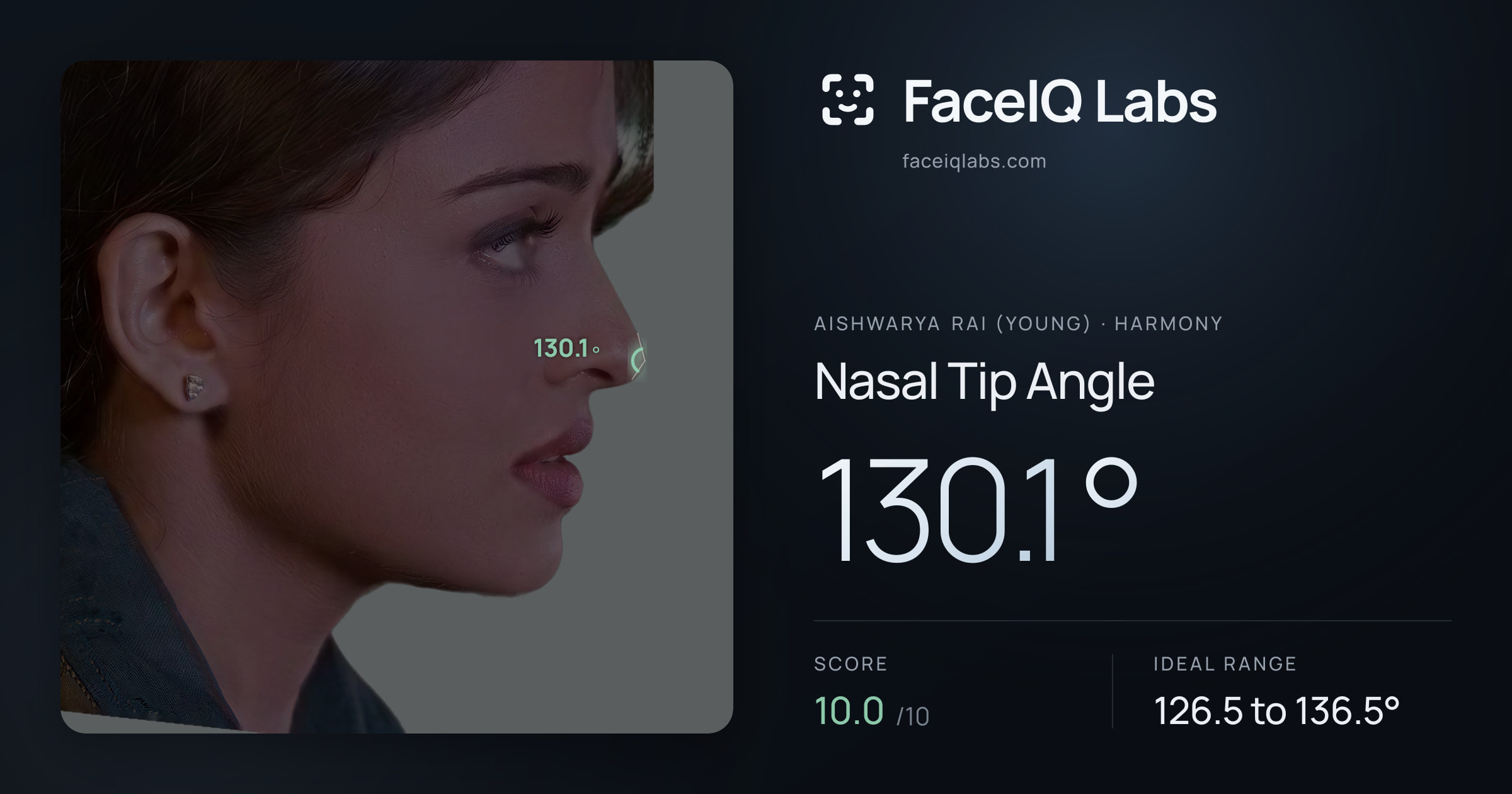 Aishwarya Rai (Young) Nasal Tip Angle: 130.1°, drawn on the photo
