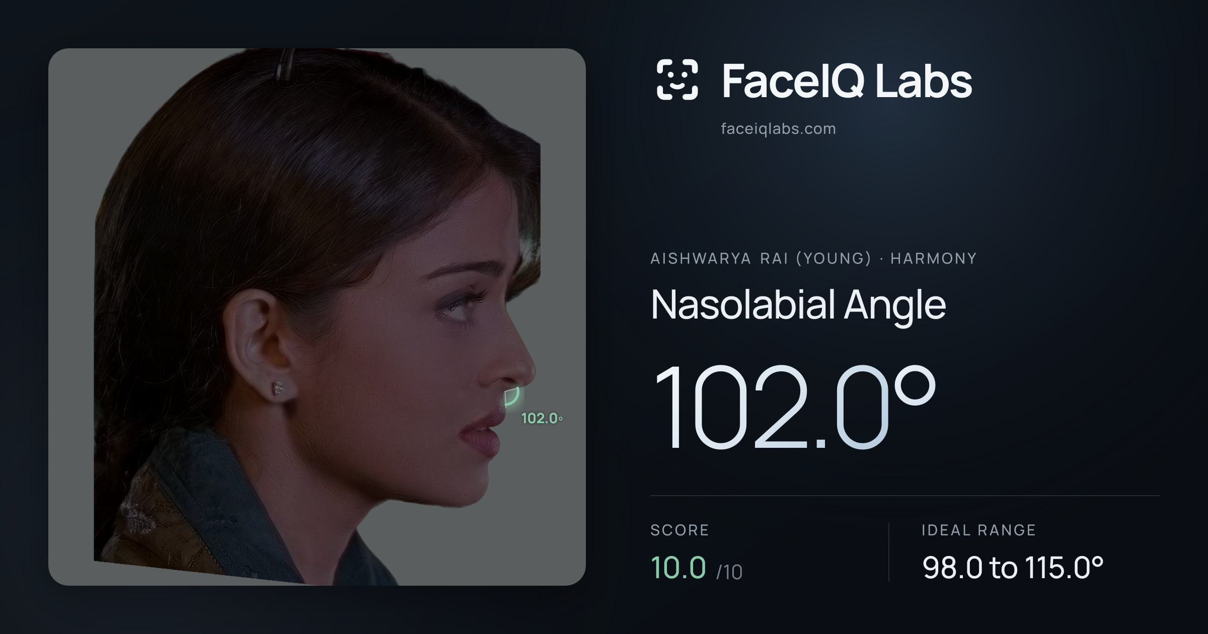 Aishwarya Rai (Young) Nasolabial Angle: 102.0°, drawn on the photo