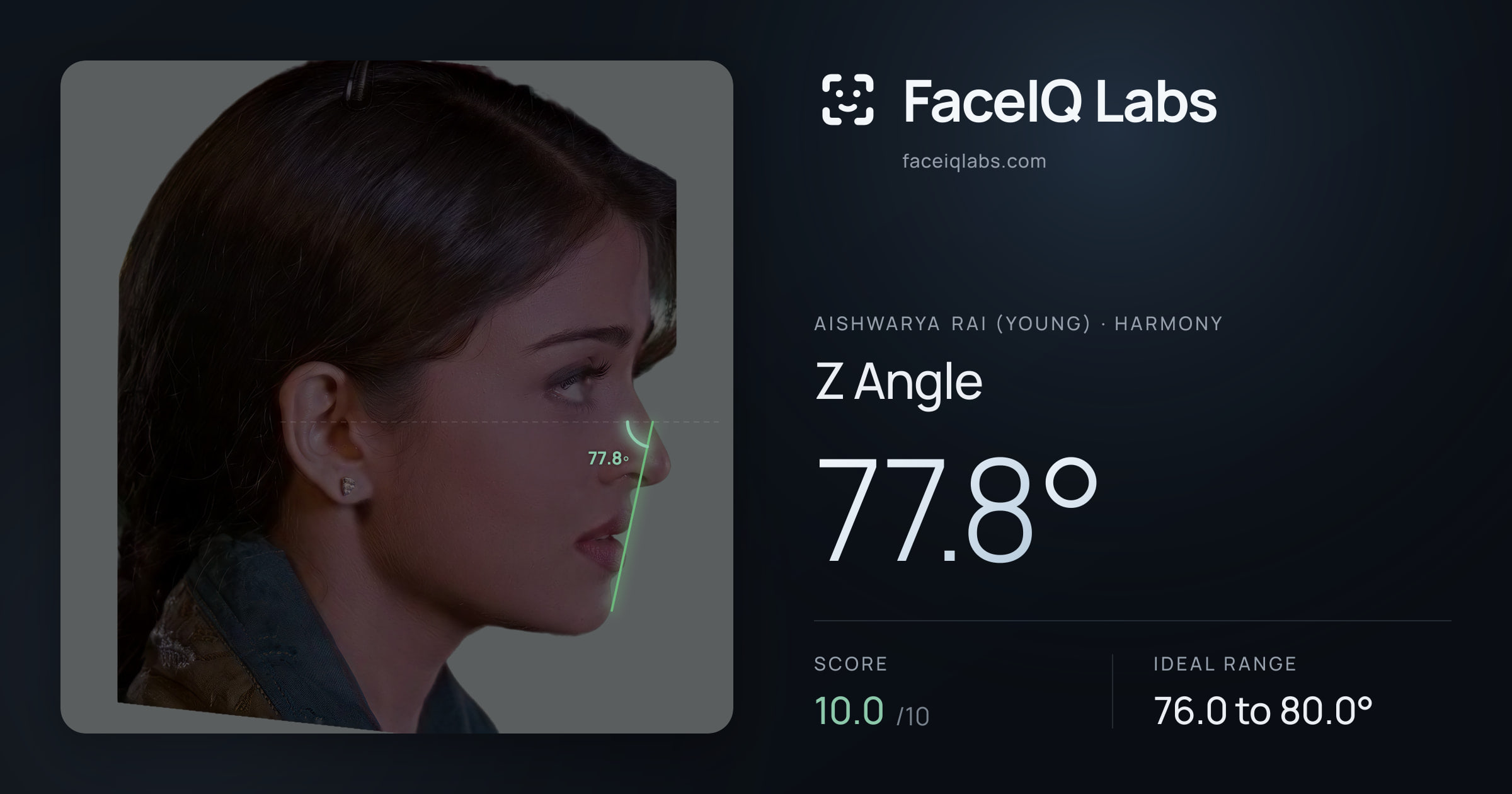 Aishwarya Rai (Young) Z Angle: 77.8°, drawn on the photo