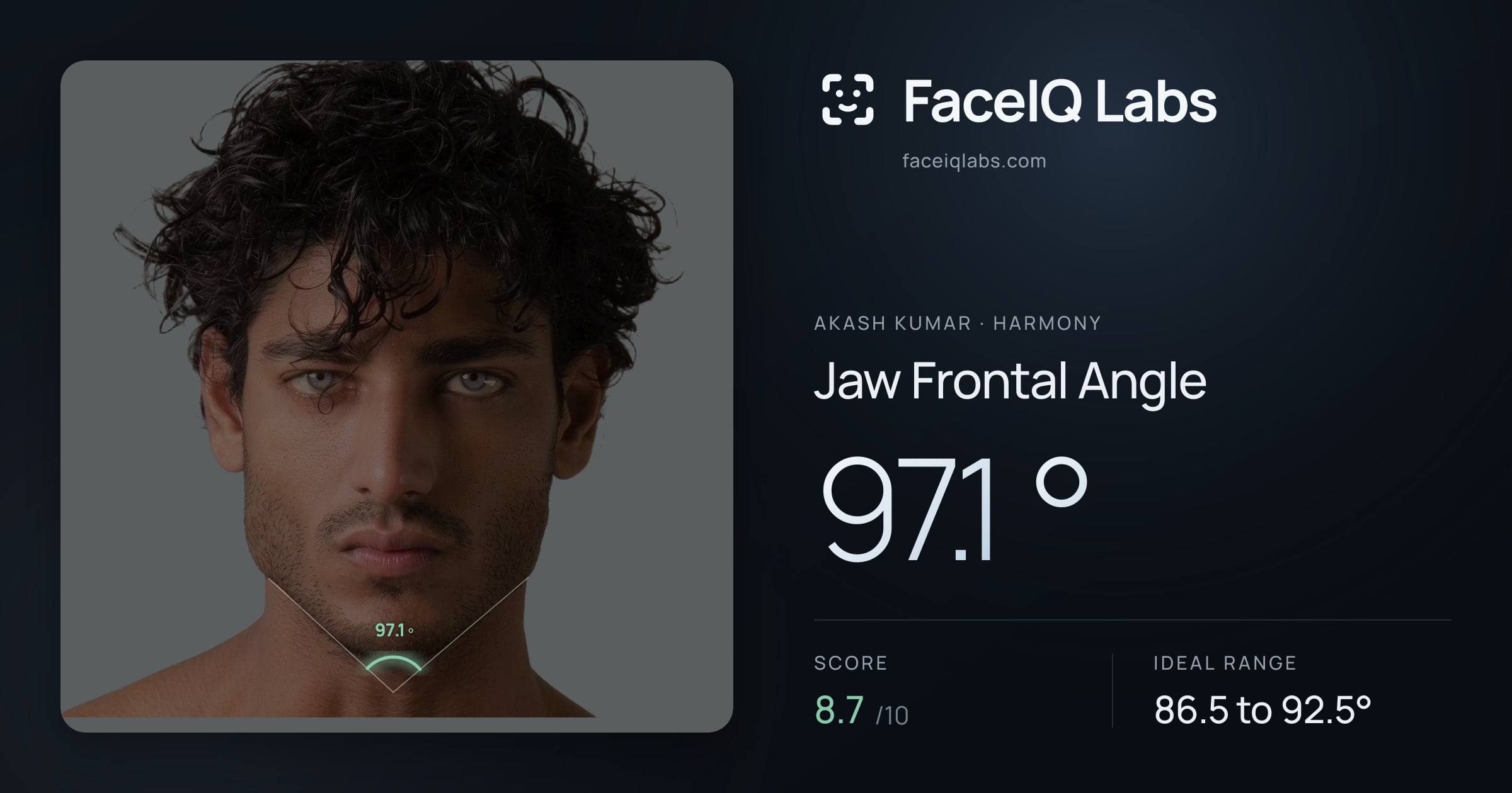 Akash Kumar Jaw Frontal Angle: 97.1°, drawn on the photo