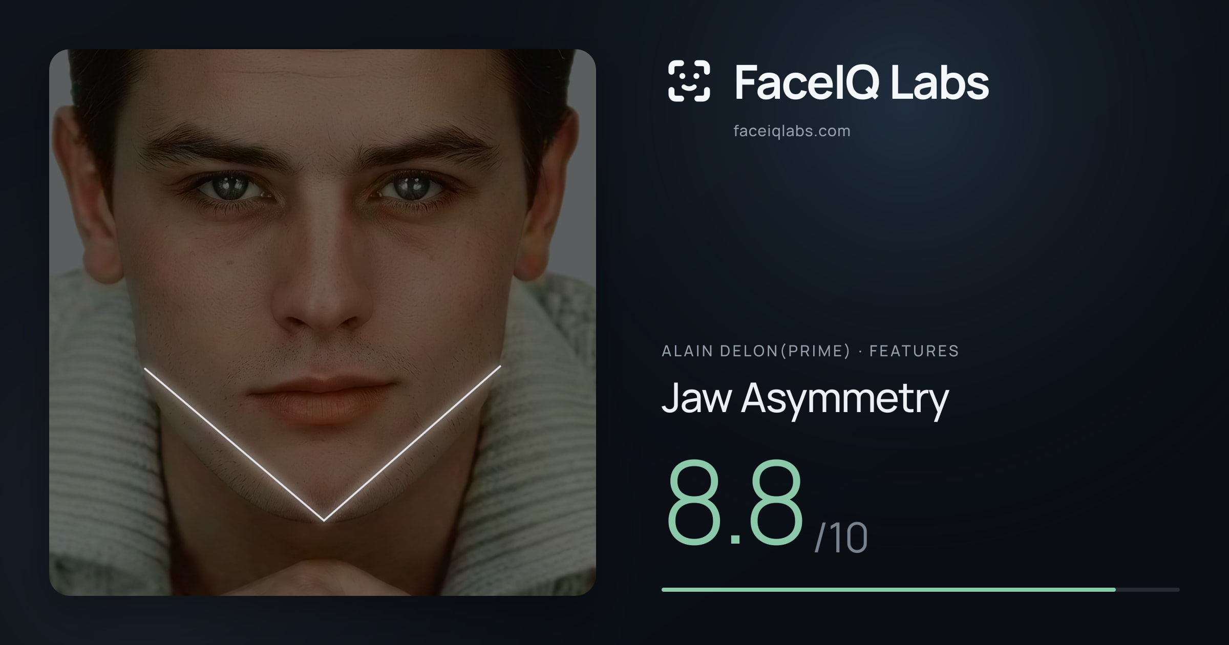 Alain Delon(prime) Jaw Asymmetry: 8.8/10, drawn on the photo