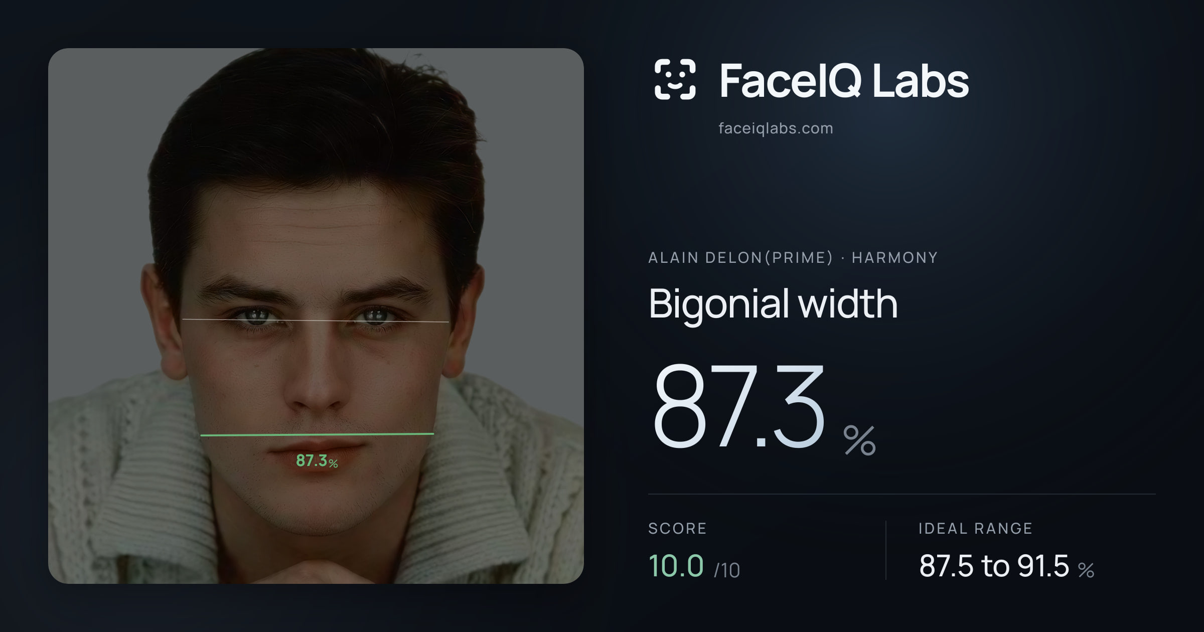 Alain Delon(prime) Bigonial width: 87.3%, drawn on the photo