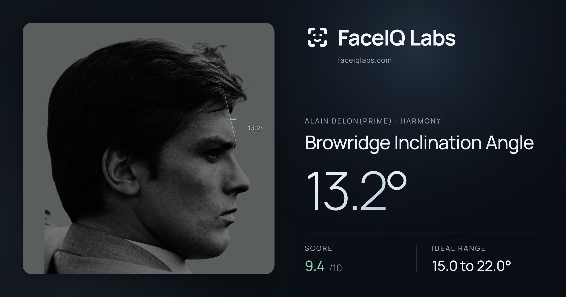 Alain Delon(prime) Browridge Inclination Angle: 13.2°, drawn on the photo