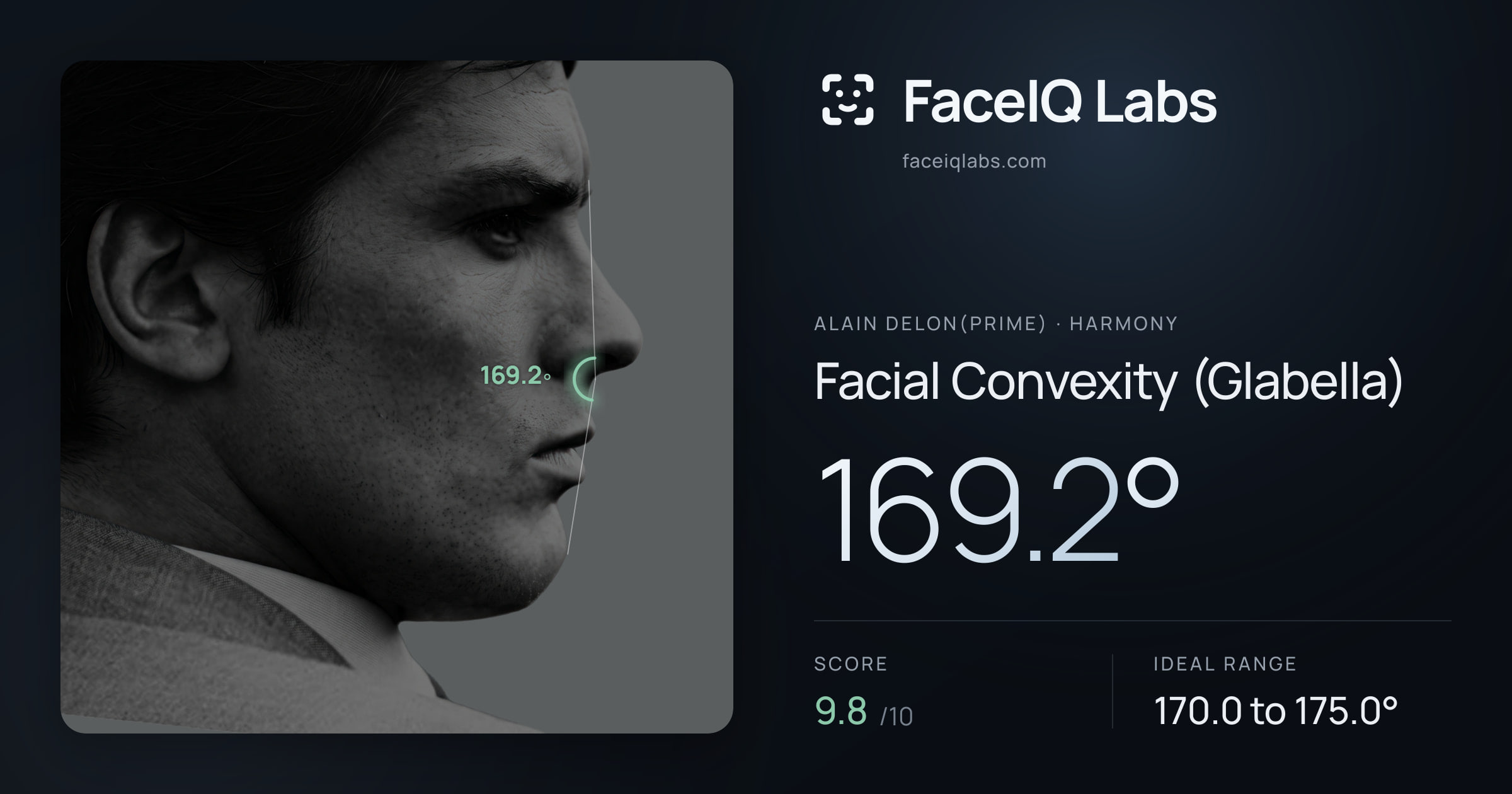 Alain Delon(prime) Facial Convexity (Glabella): 169.2°, drawn on the photo