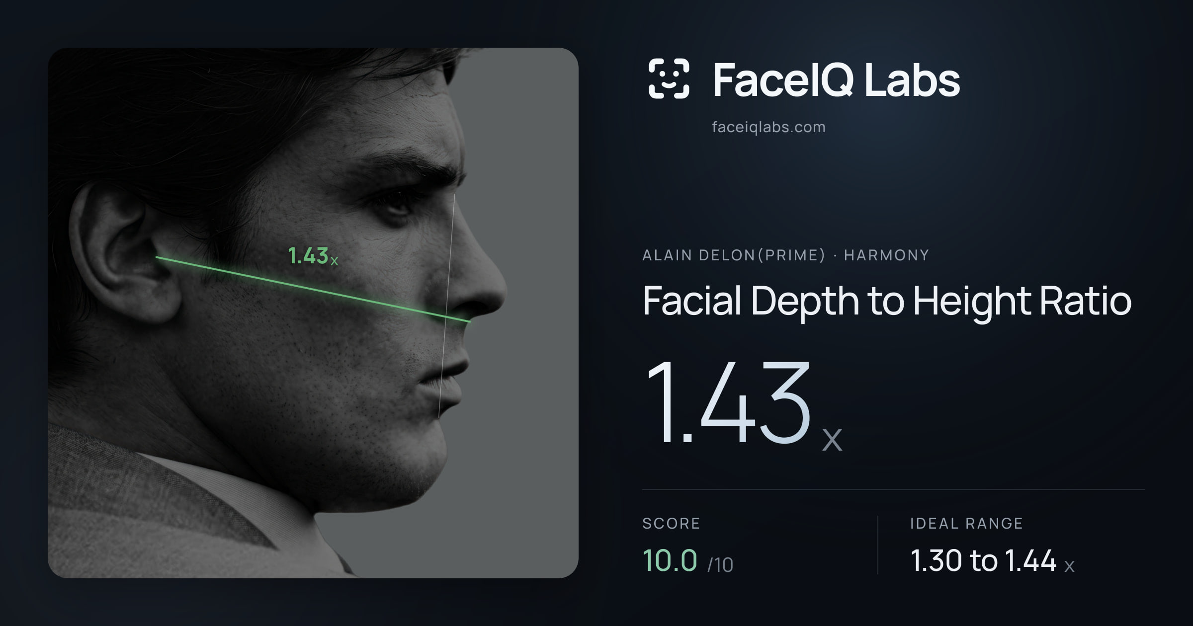 Alain Delon(prime) Facial Depth to Height Ratio: 1.43x, drawn on the photo