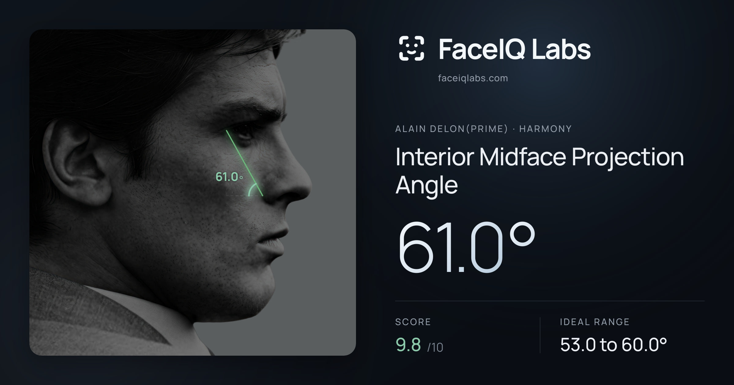 Alain Delon(prime) Interior Midface Projection Angle: 61.0°, drawn on the photo