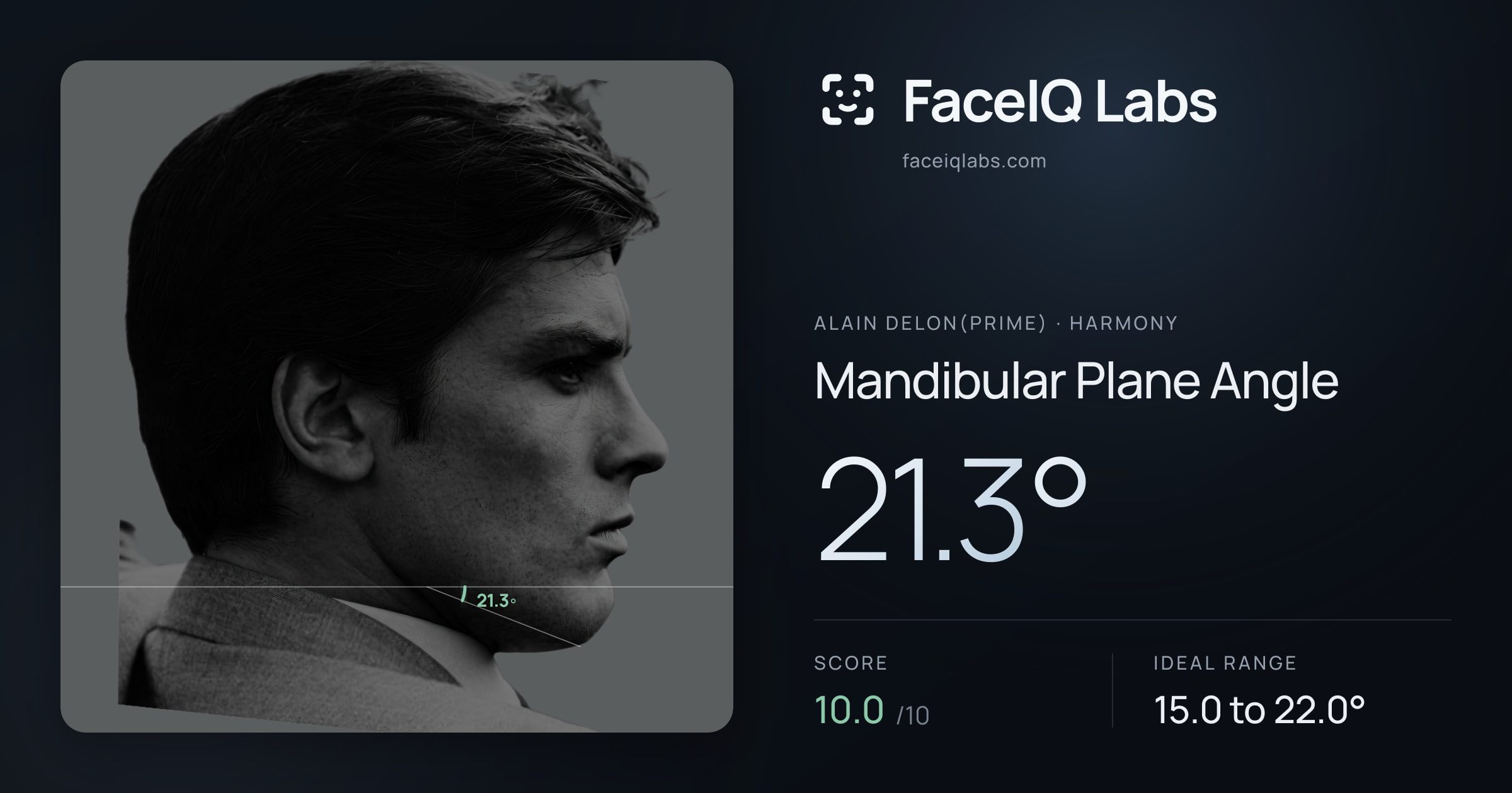 Alain Delon(prime) Mandibular Plane Angle: 21.3°, drawn on the photo