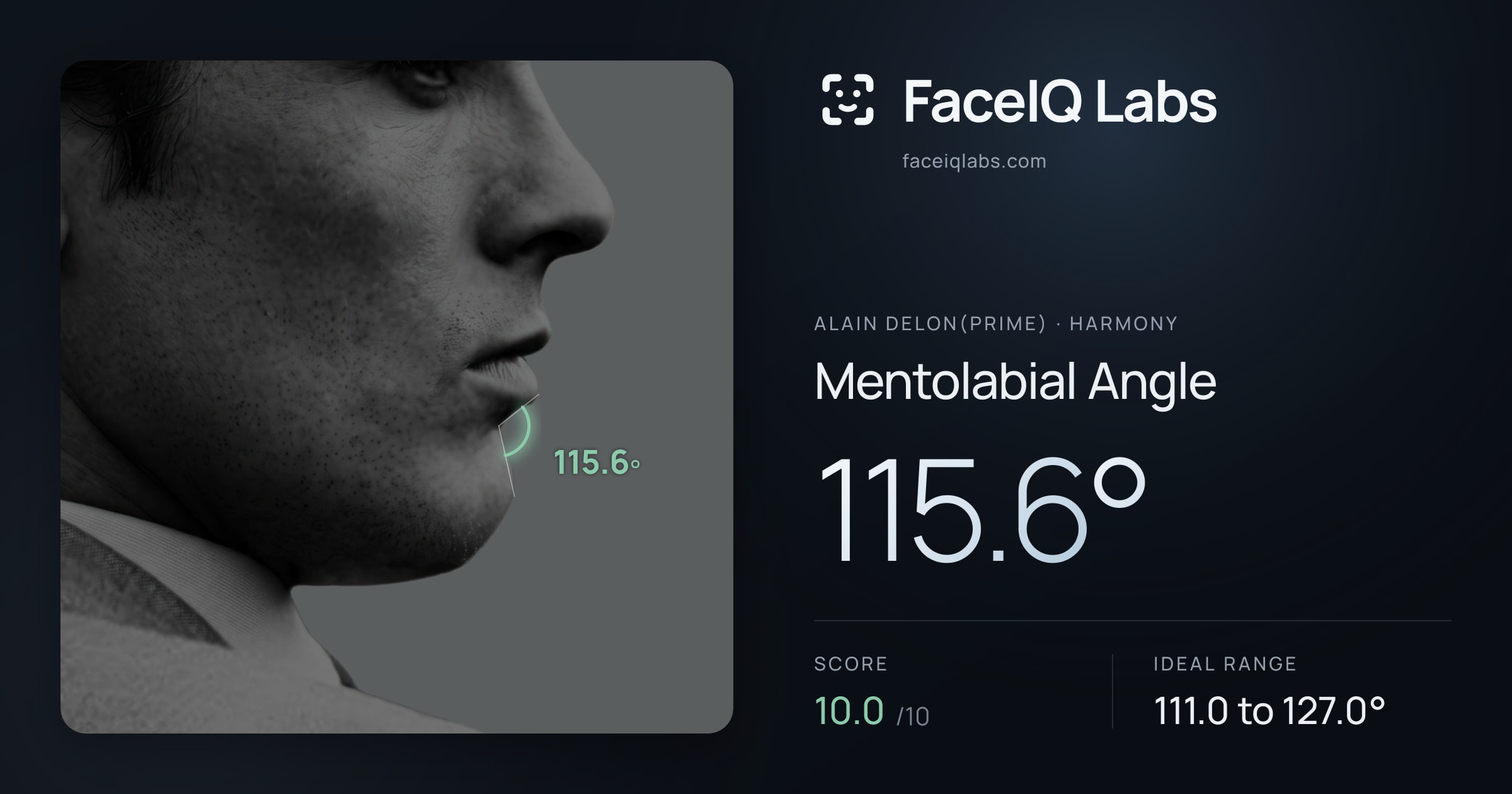 Alain Delon(prime) Mentolabial Angle: 115.6°, drawn on the photo