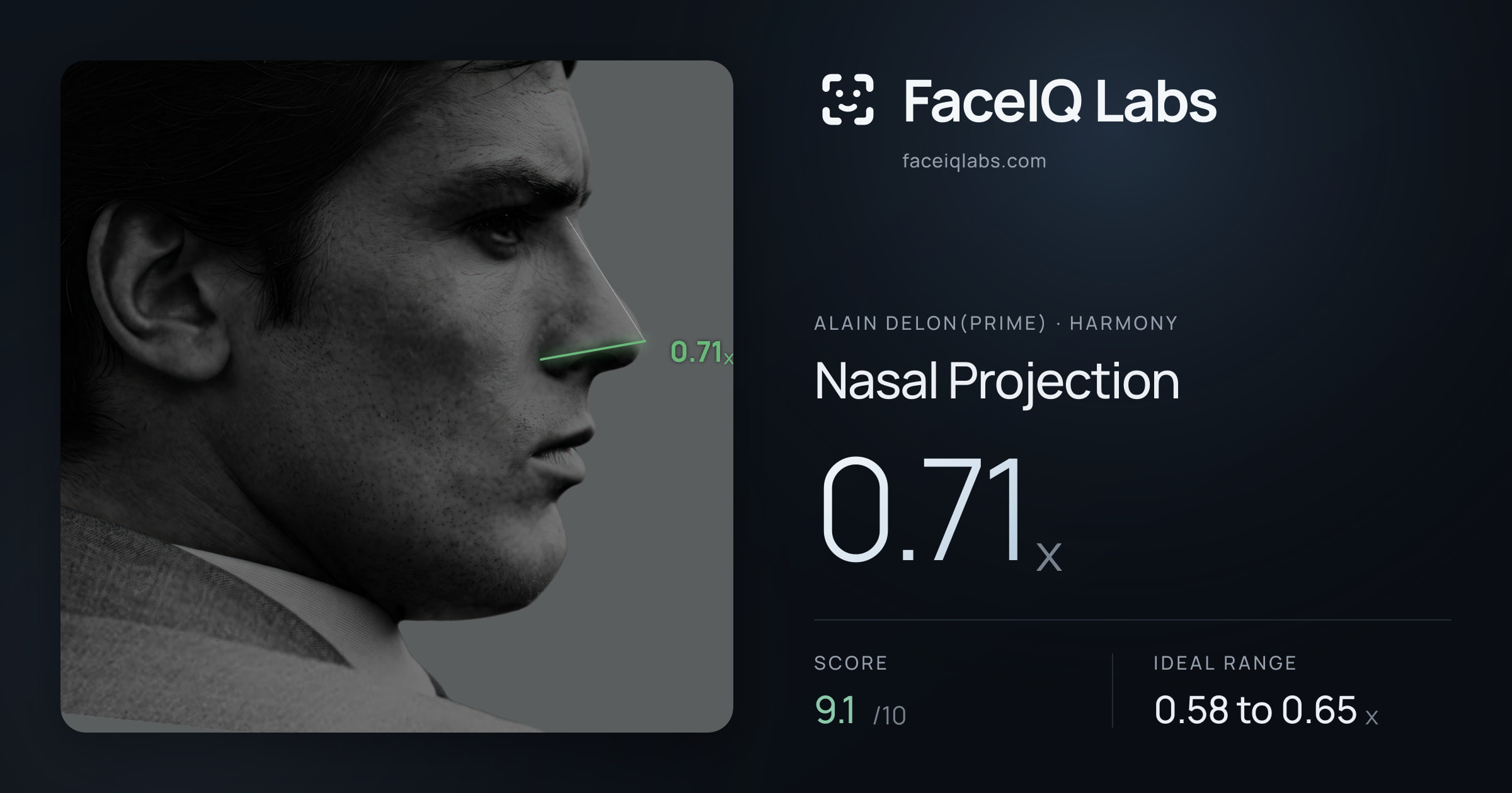 Alain Delon(prime) Nasal Projection: 0.71x, drawn on the photo