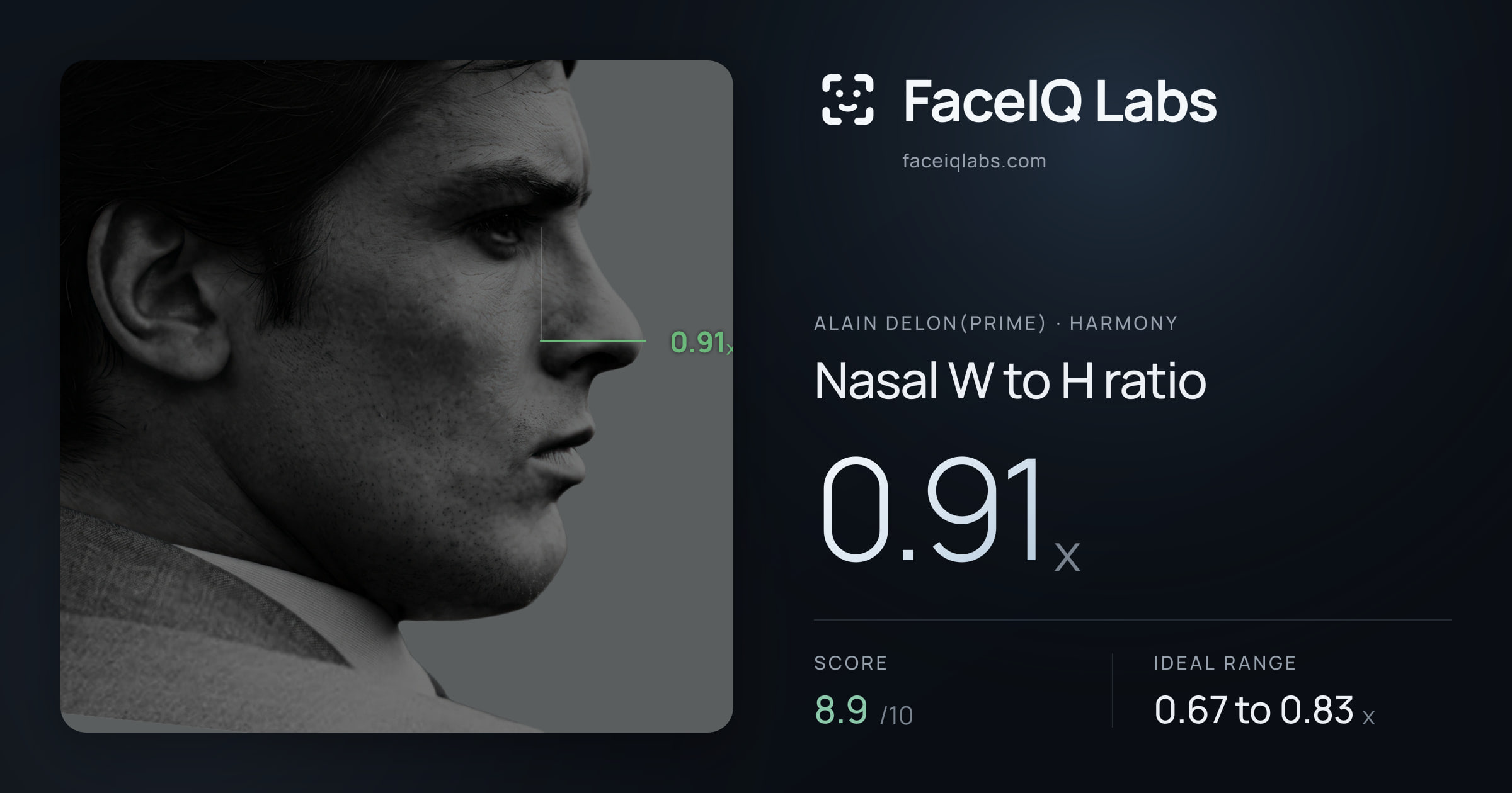 Alain Delon(prime) Nasal W to H ratio: 0.91x, drawn on the photo