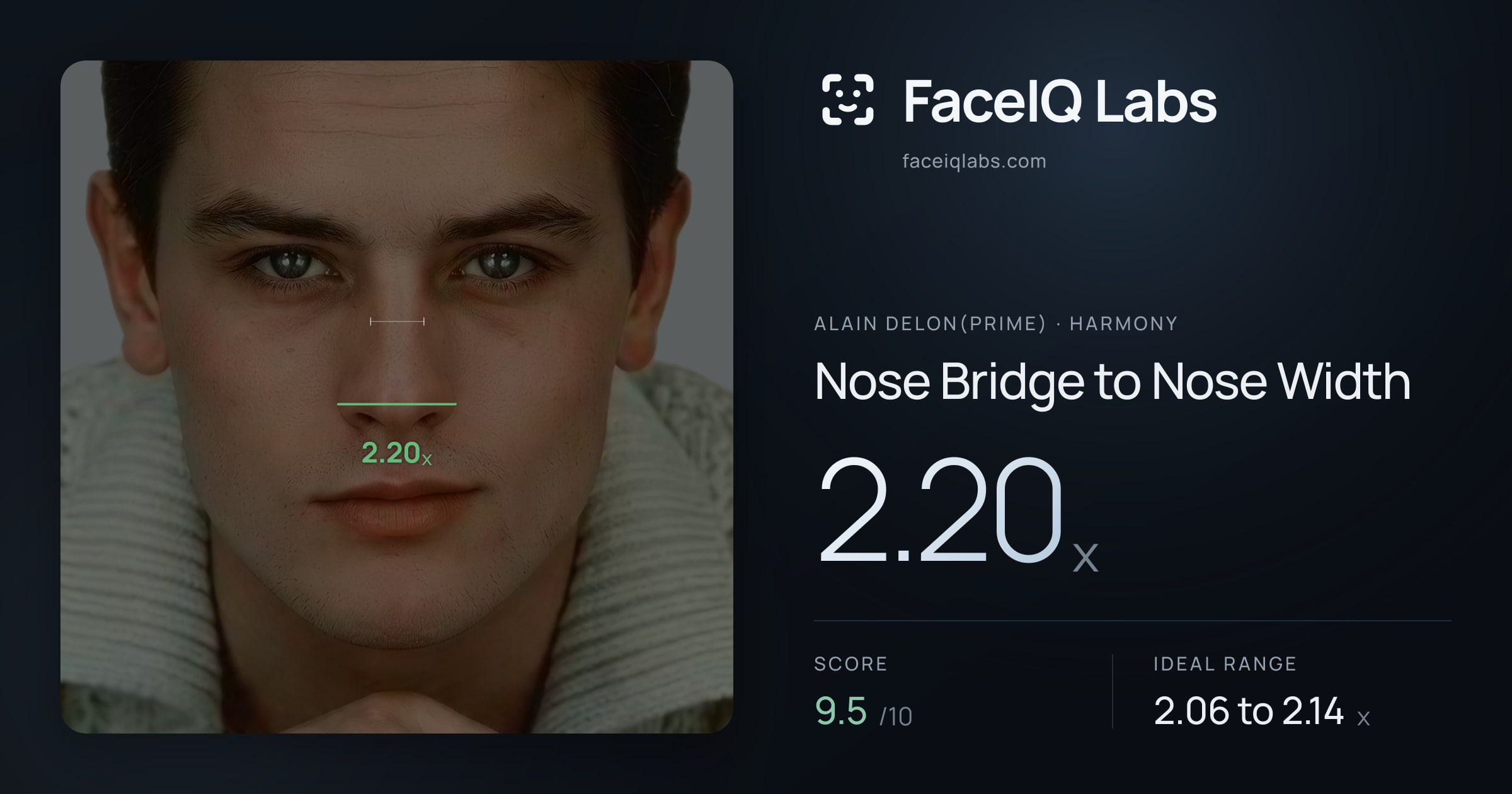 Alain Delon(prime) Nose Bridge to Nose Width: 2.20x, drawn on the photo
