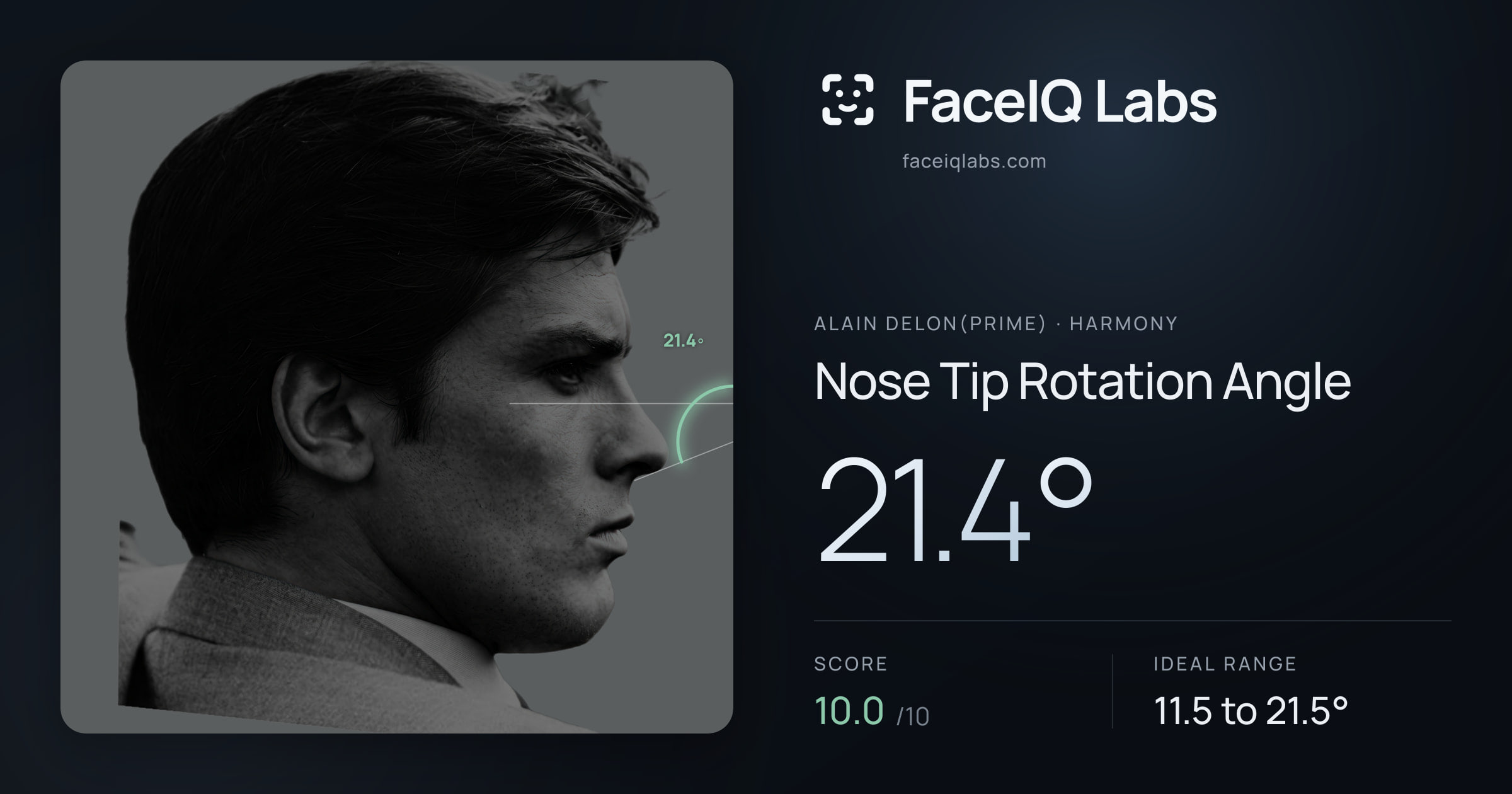 Alain Delon(prime) Nose Tip Rotation Angle: 21.4°, drawn on the photo
