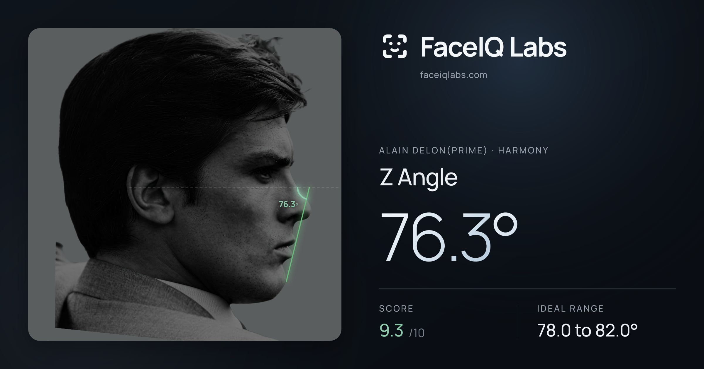 Alain Delon(prime) Z Angle: 76.3°, drawn on the photo