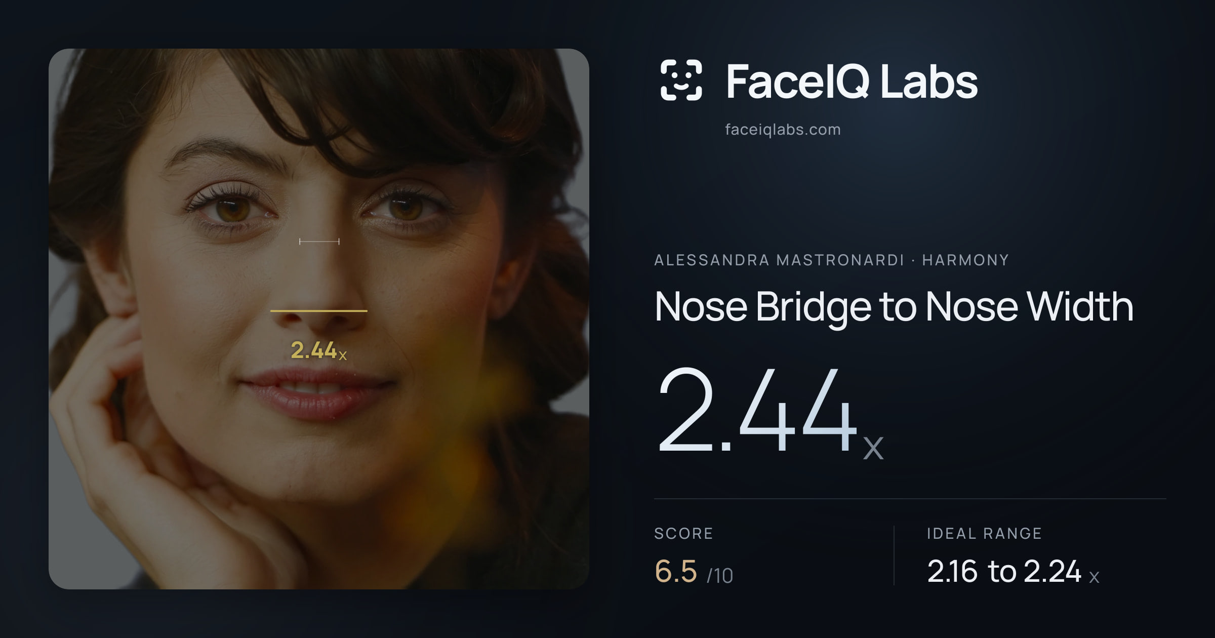 Alessandra Mastronardi Nose Bridge to Nose Width: 2.44x, drawn on the photo