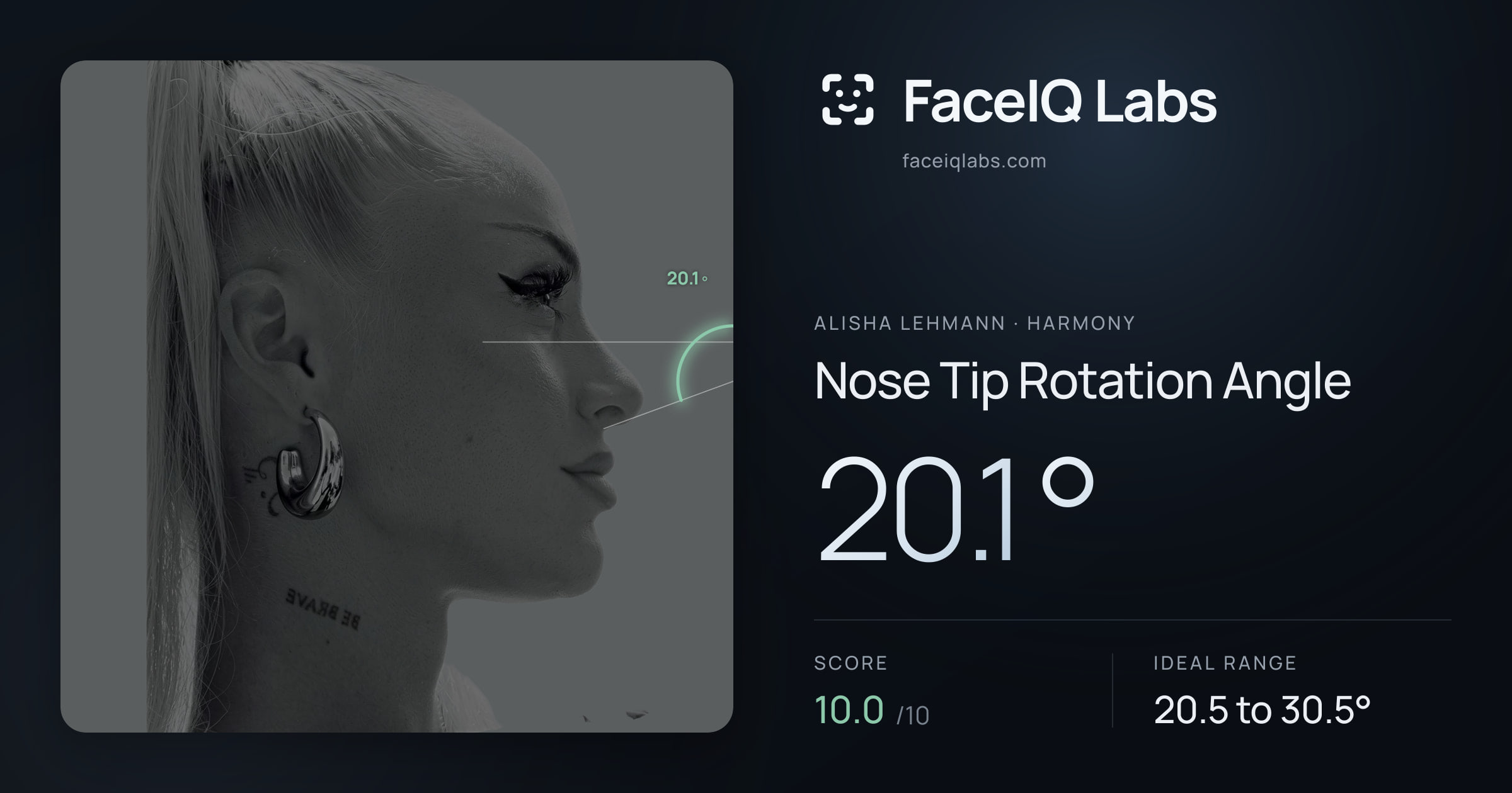 Alisha Lehmann Nose Tip Rotation Angle: 20.1°, drawn on the photo