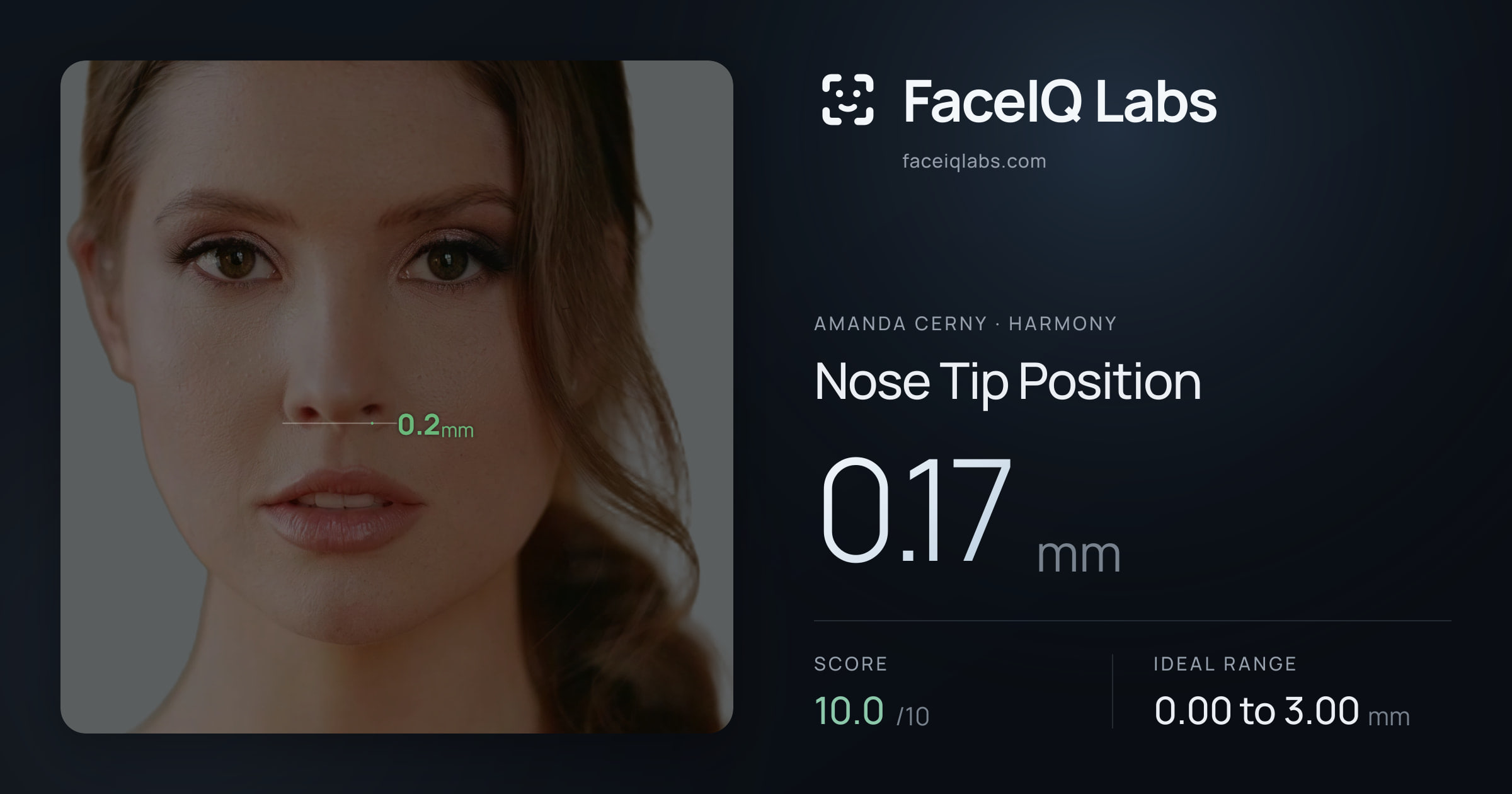 Amanda Cerny Nose Tip Position: 0.17mm, drawn on the photo