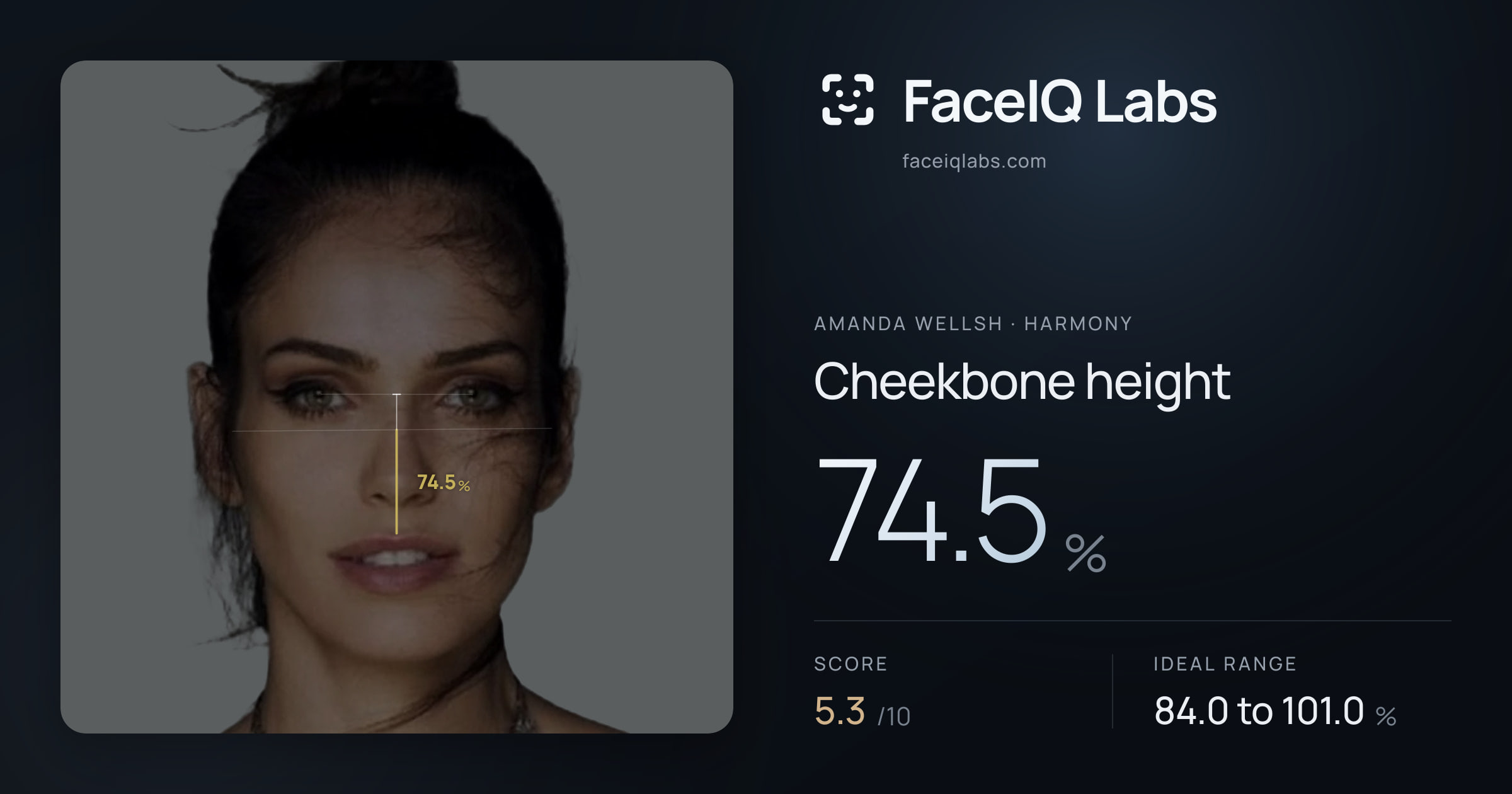 Amanda Wellsh Cheekbone height: 74.5%, drawn on the photo