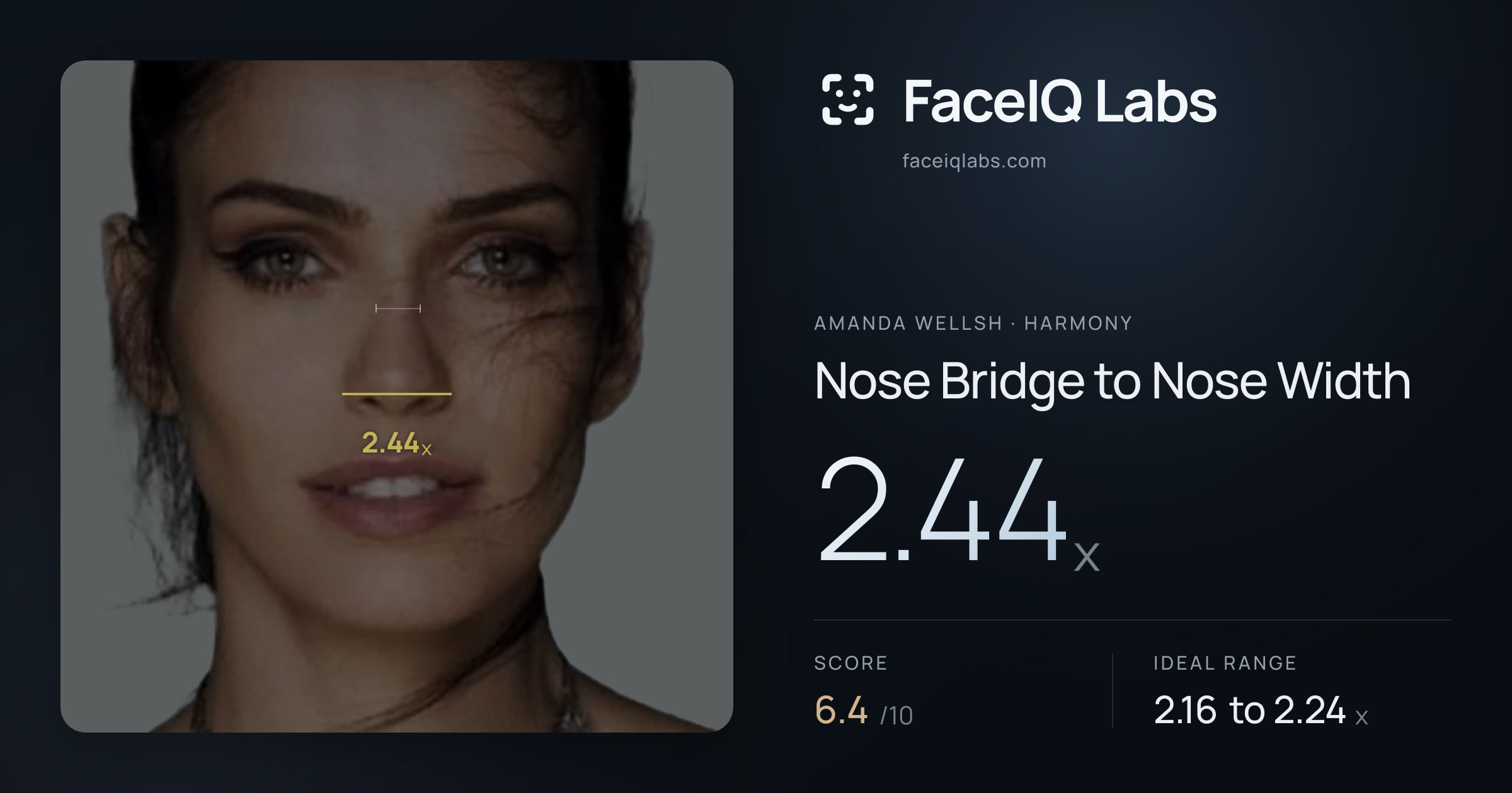 Amanda Wellsh Nose Bridge to Nose Width: 2.44x, drawn on the photo