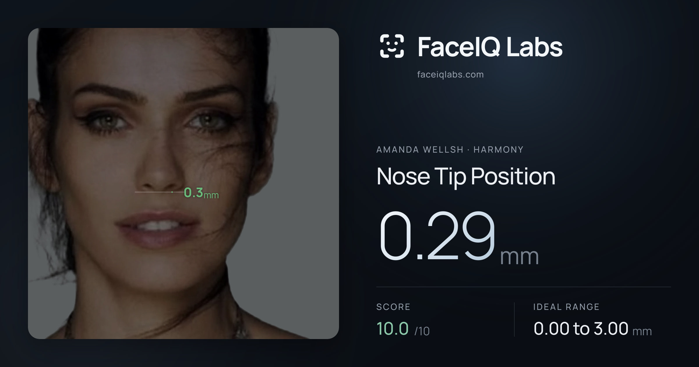 Amanda Wellsh Nose Tip Position: 0.29mm, drawn on the photo