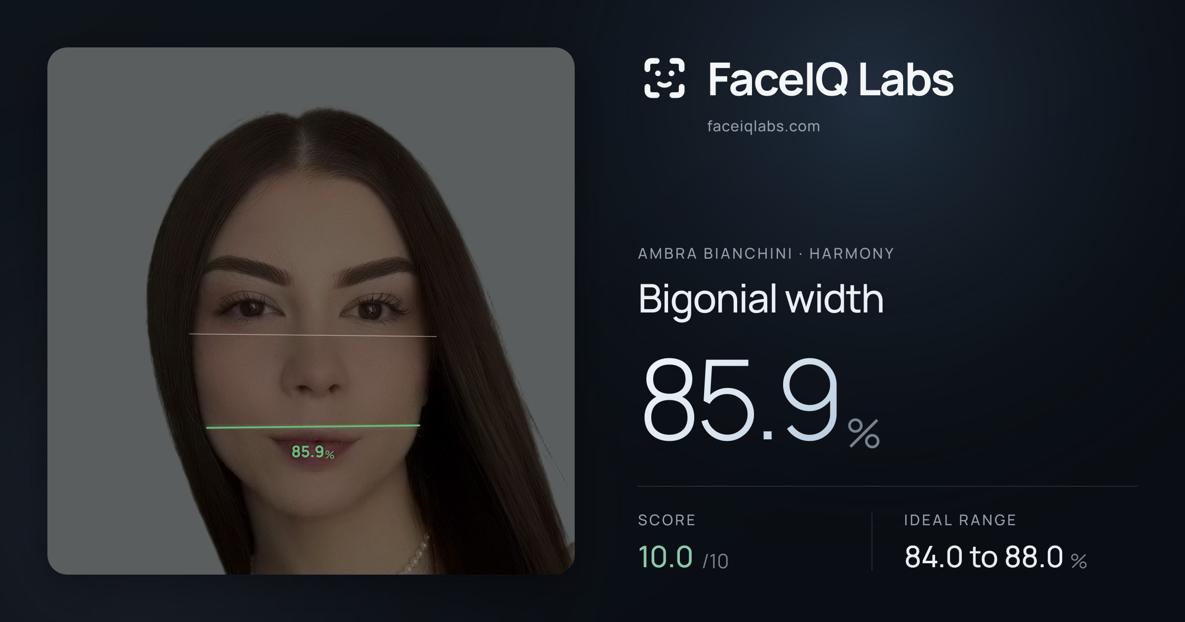 Ambra Bianchini Bigonial width: 85.9%, drawn on the photo