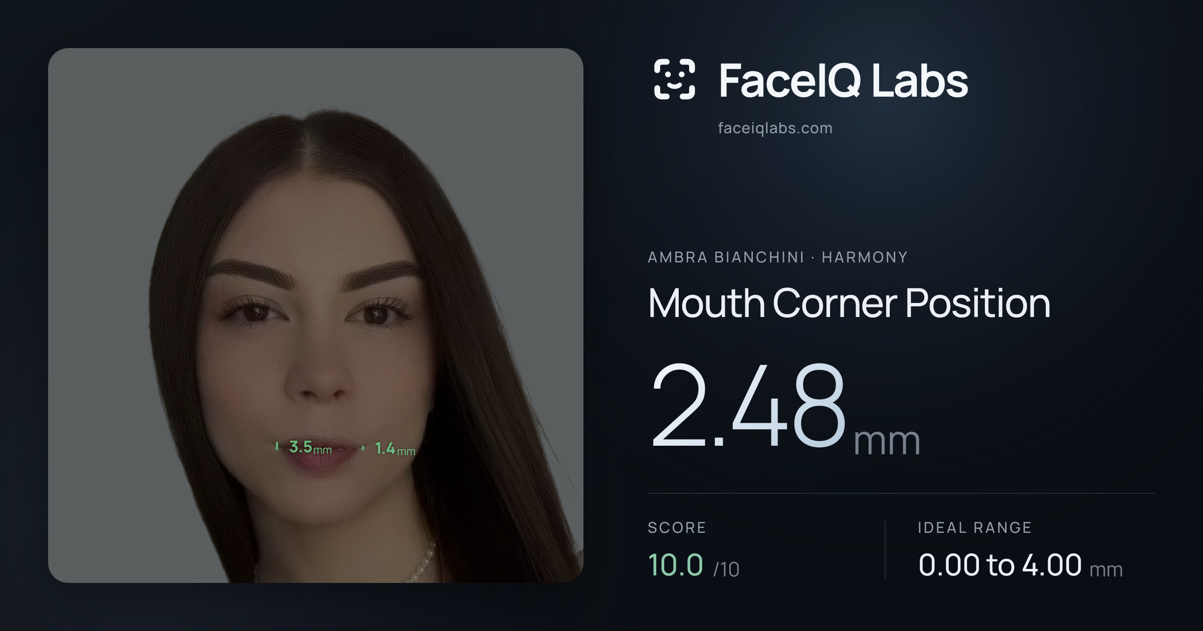 Ambra Bianchini Mouth Corner Position: 2.48mm, drawn on the photo