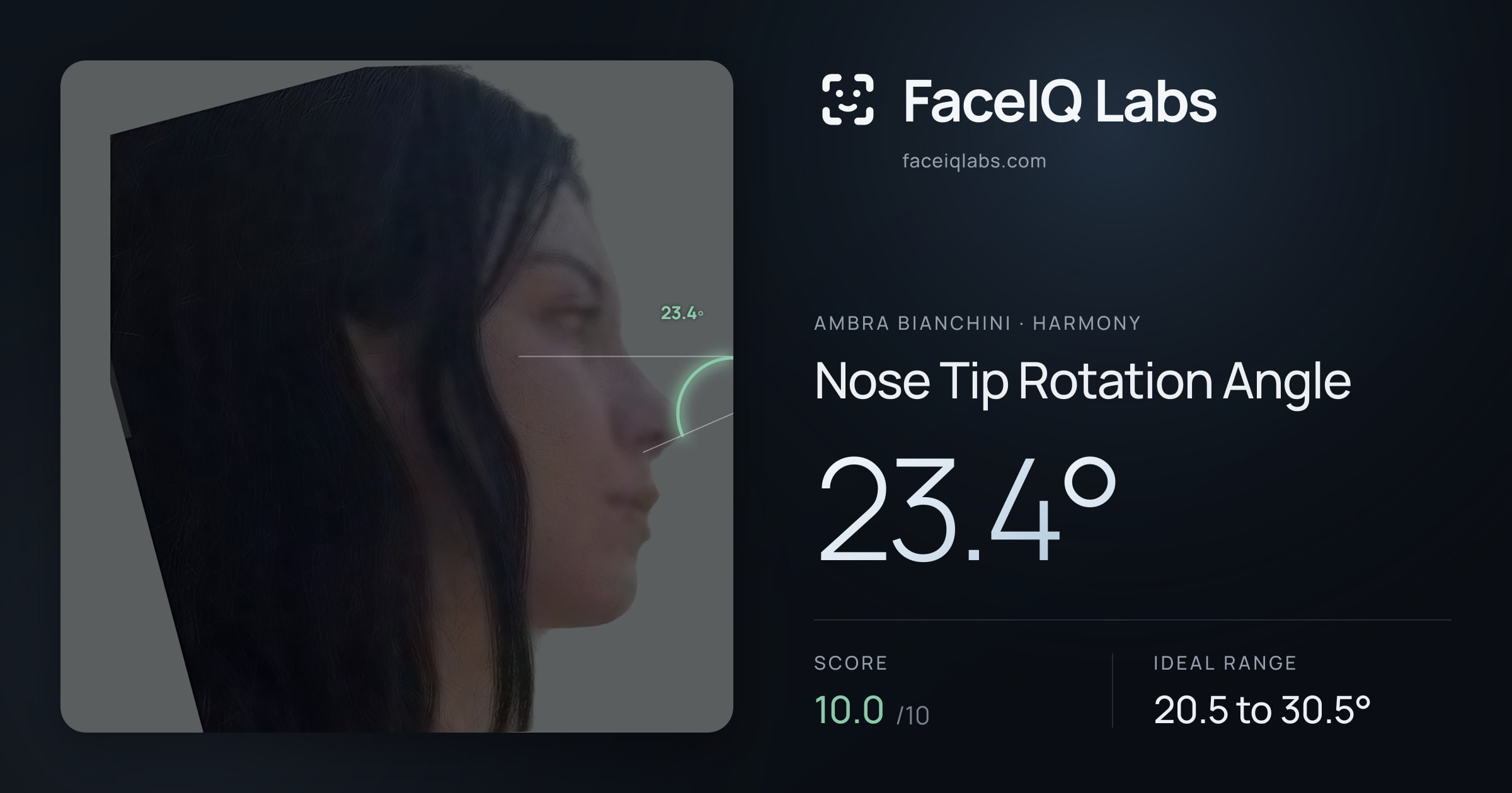 Ambra Bianchini Nose Tip Rotation Angle: 23.4°, drawn on the photo