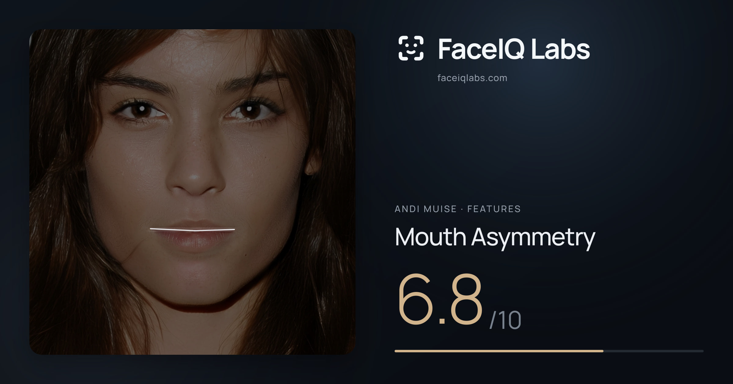 Andi Muise Mouth Asymmetry: 6.8/10, drawn on the photo