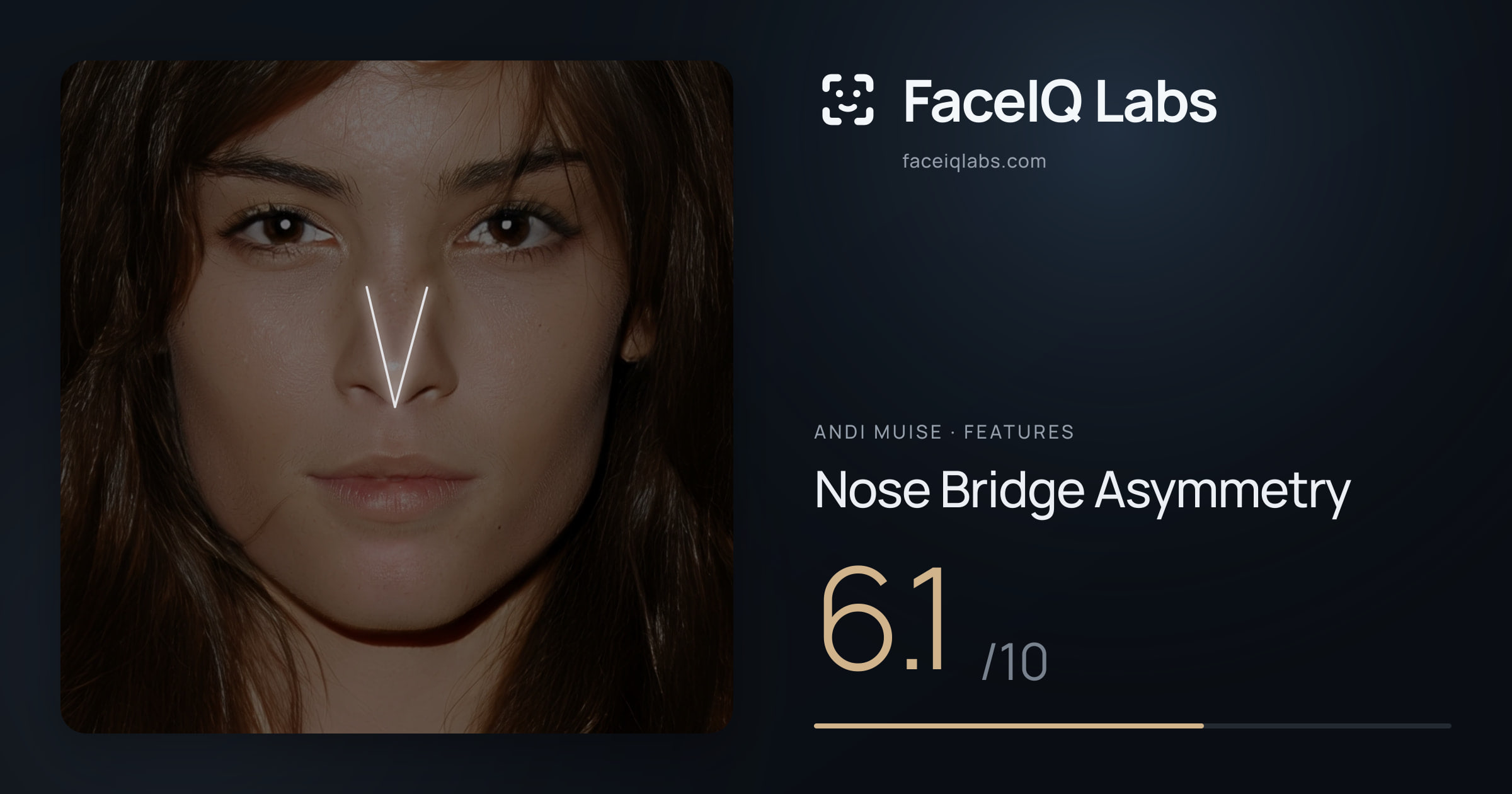 Andi Muise Nose Bridge Asymmetry: 6.1/10, drawn on the photo