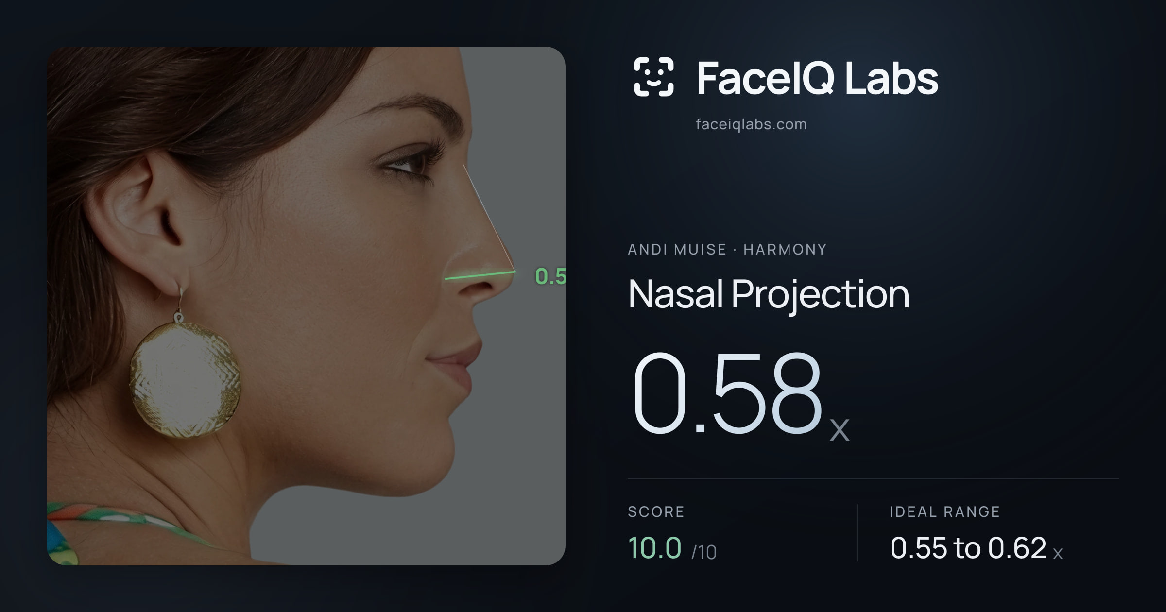 Andi Muise Nasal Projection: 0.58x, drawn on the photo