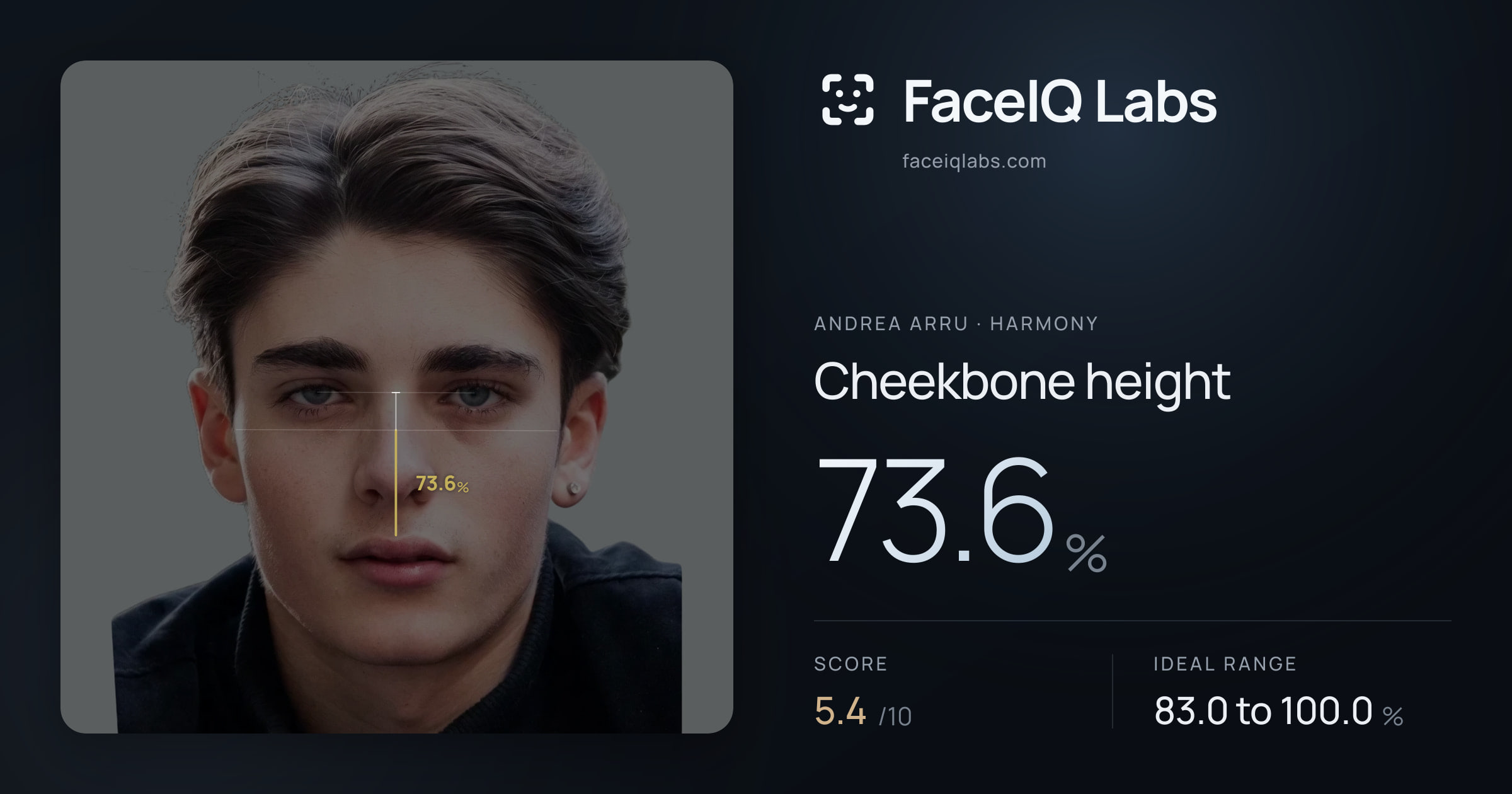 Andrea Arru Cheekbone height: 73.6%, drawn on the photo