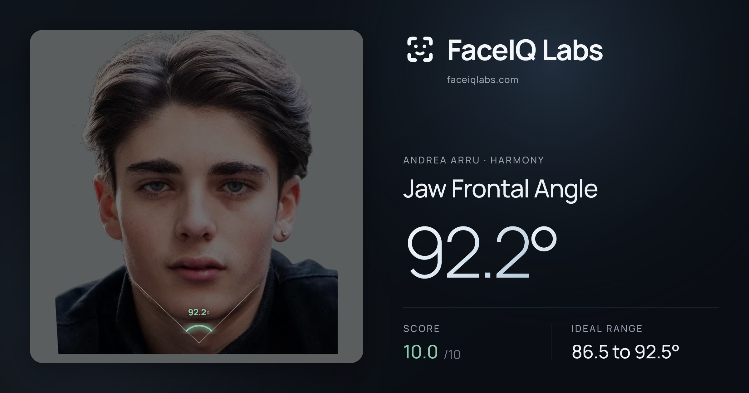 Andrea Arru Jaw Frontal Angle: 92.2°, drawn on the photo