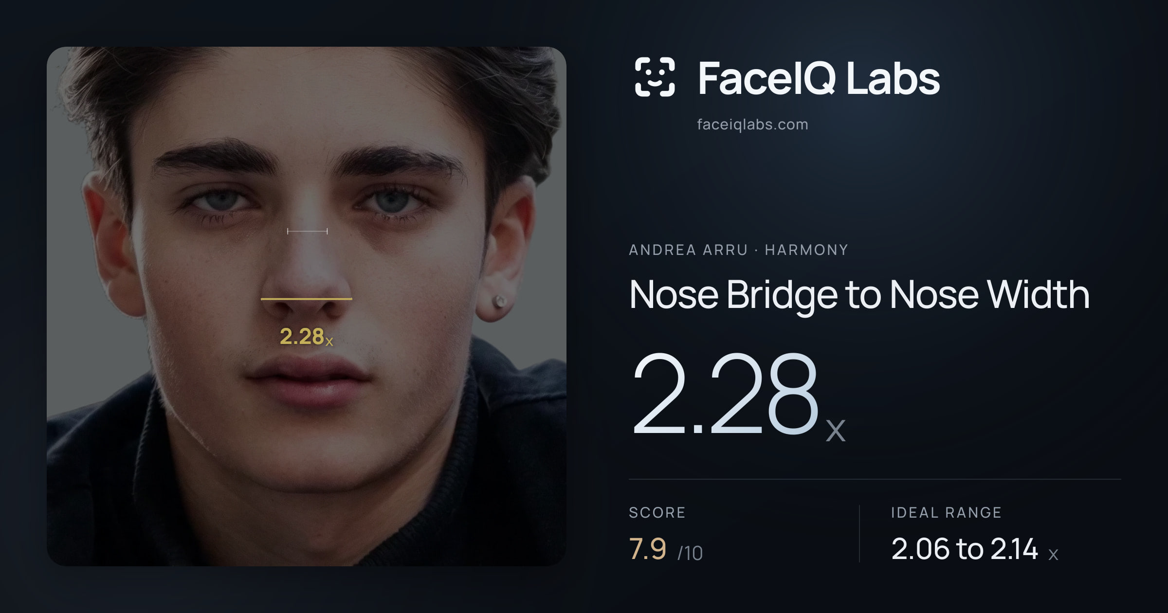 Andrea Arru Nose Bridge to Nose Width: 2.28x, drawn on the photo