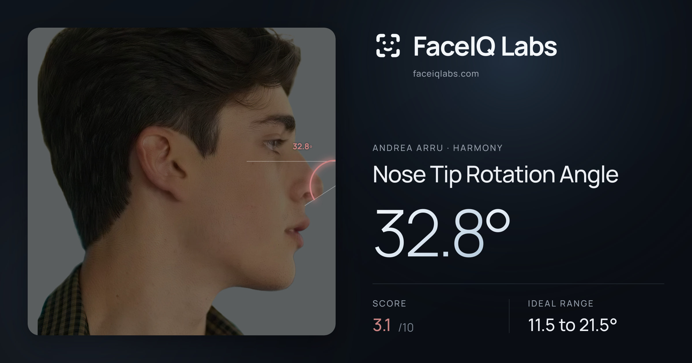 Andrea Arru Nose Tip Rotation Angle: 32.8°, drawn on the photo
