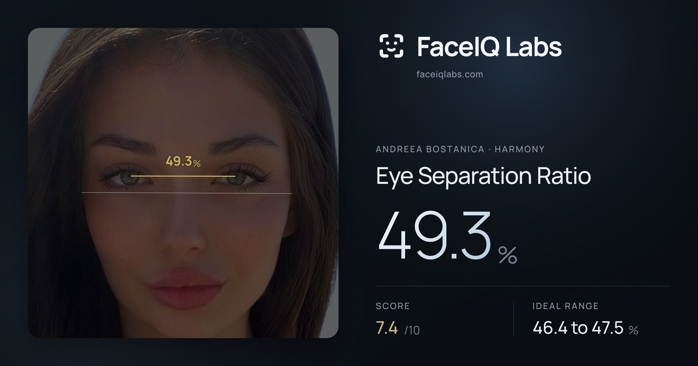 Andreea Bostanica Eye Separation Ratio: 49.3%, drawn on the photo